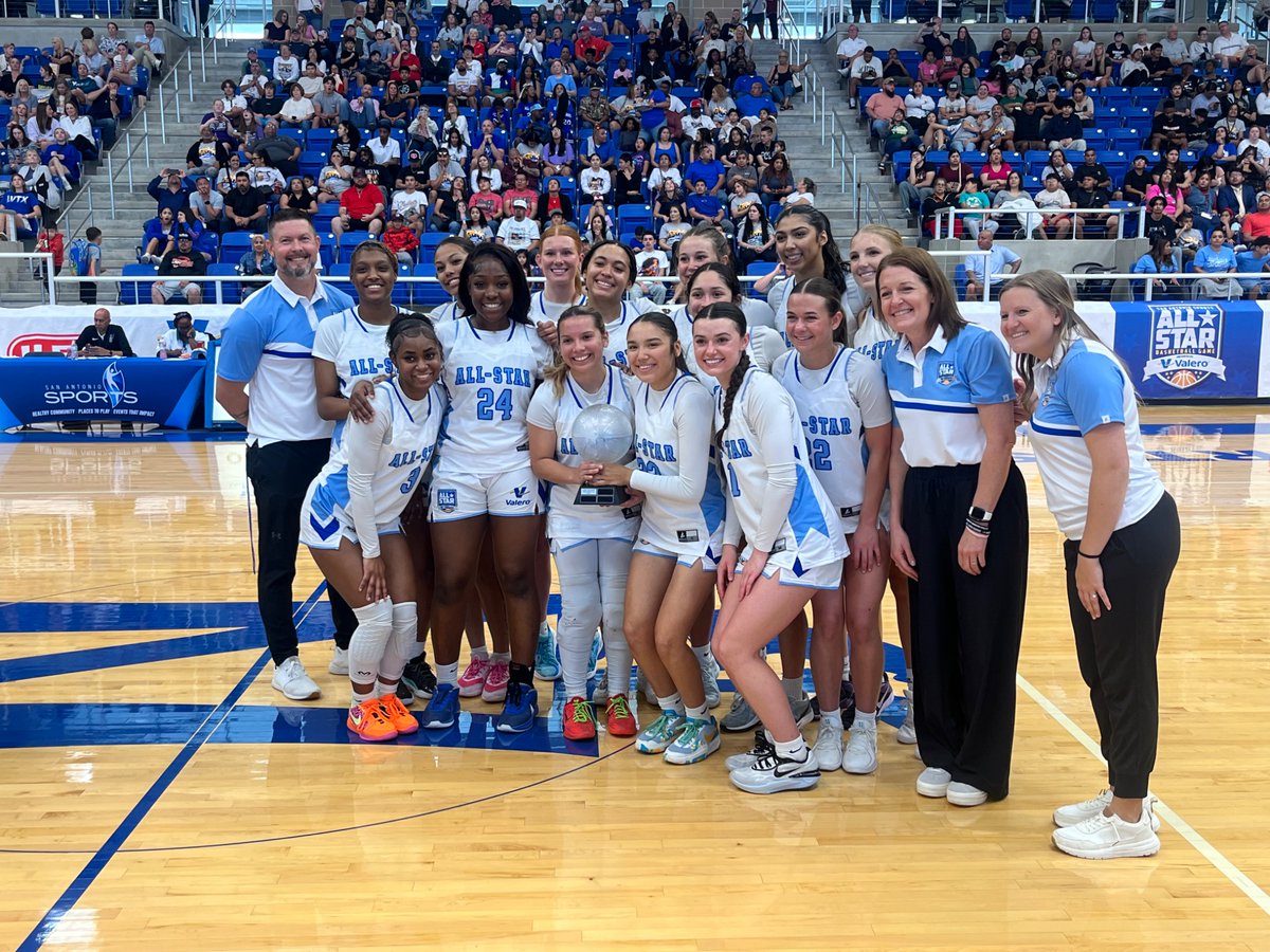 The Boerne High coaching staff, led by head coach Amy Ruede, helped lead the White All-Star team to a big victory in Sunday’s SA Sports All-Star Game at the Northside Sports Gym. Members of the team holds the winning- team trophy 🏆