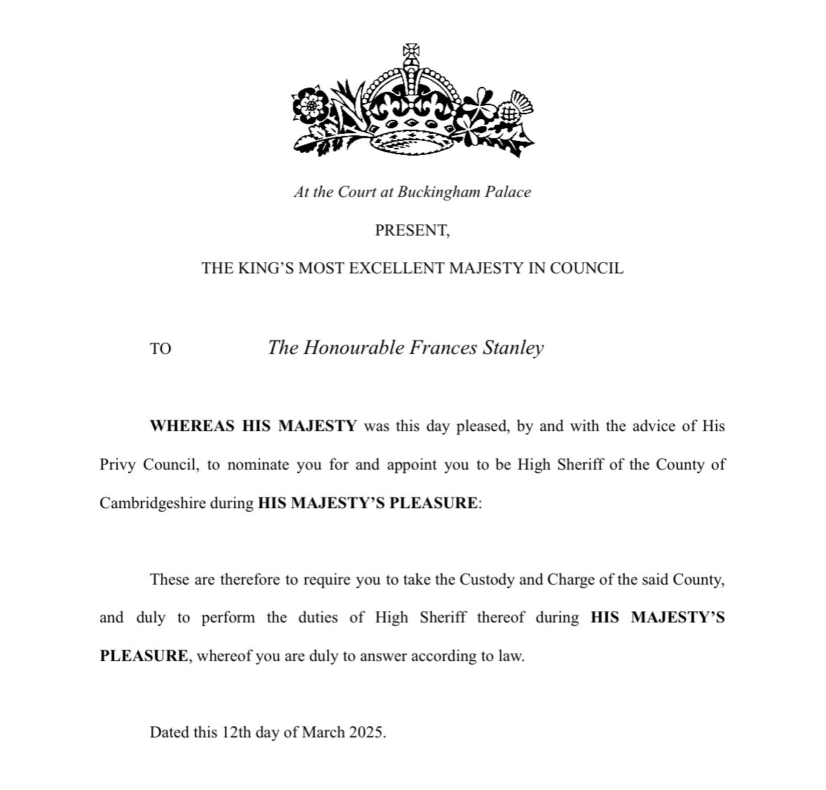 Great to be present for the Honourable Frances Stanley DL installation service at  Magdalene College Chapel as High Sheriff of Cambridgeshire. Thank you David and Rosemary <a href="/HSheriffCambs/">HighSheriffCambs</a> for all your hard work in the role in the past year, it’s been great spending time with you