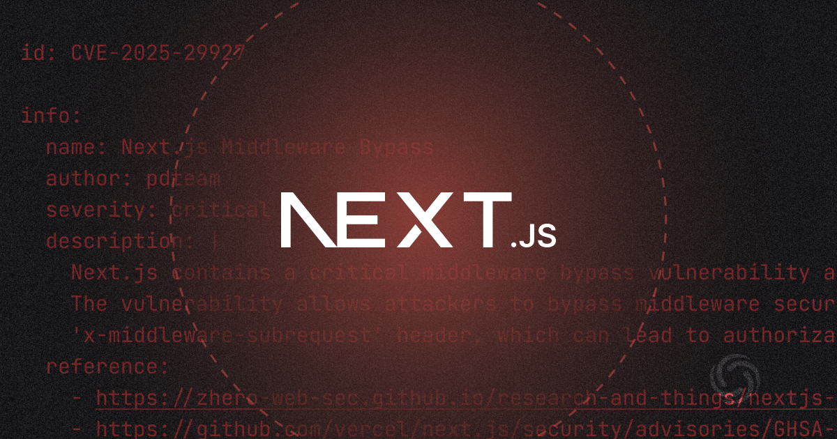 pwnmachine 👾 (@princechaddha) on Twitter photo Here’s a breakdown of CVE-2025-29927: Next.js Middleware Authorization Bypass.
We’ve also added a Nuclei template for detecting this vulnerability, along with a lab where you can try it out for yourself.
Check it out here: projectdiscovery.io/blog/nextjs-mi… <a href="/pdnuclei/">Nuclei by ProjectDiscovery</a> Here’s a breakdown of CVE-2025-29927: Next.js Middleware Authorization Bypass.
We’ve also added a Nuclei template for detecting this vulnerability, along with a lab where you can try it out for yourself.
Check it out here: projectdiscovery.io/blog/nextjs-mi… <a href="/pdnuclei/">Nuclei by ProjectDiscovery</a>