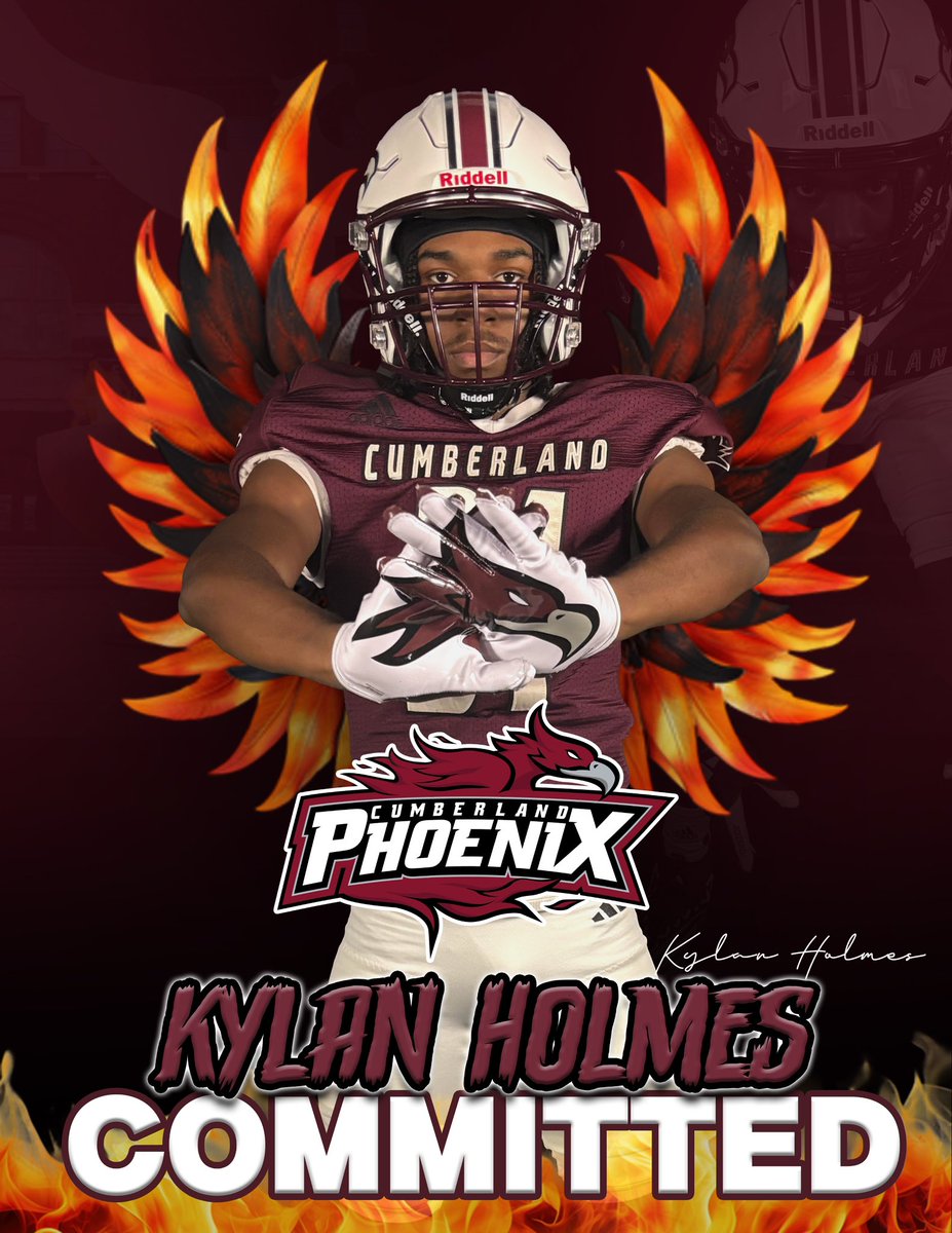 Kylan Holmes (@kh0lmes31) on Twitter photo I am excited to announce my commitment to play football for Cumberland University. I want to
Thank all my coaches, family, and teammates for getting me to this point couldn’t have done it without them❤️. <a href="/CoachJoeRocconi/">Coach Joe Rocconi</a> <a href="/otaylor1911/">Orentheus T. Taylor</a> <a href="/CoachSHenry16/">Shawn Henry</a> <a href="/CumberlandFB/">Cumberland University Football</a> I am excited to announce my commitment to play football for Cumberland University. I want to
Thank all my coaches, family, and teammates for getting me to this point couldn’t have done it without them❤️. <a href="/CoachJoeRocconi/">Coach Joe Rocconi</a> <a href="/otaylor1911/">Orentheus T. Taylor</a> <a href="/CoachSHenry16/">Shawn Henry</a> <a href="/CumberlandFB/">Cumberland University Football</a>