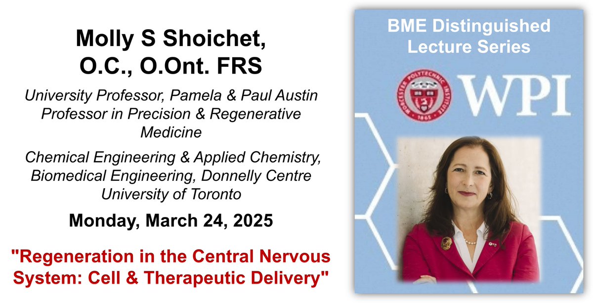 WPI Biomedical Engineering Department (@wpi_bme) on Twitter photo Today’s Distinguished Lecturer is Dr. Molly Shoichet from <a href="/bme_uoft/">Biomedical Engineering @ University of Toronto</a>. Her talk focuses on how her group tackles challenges in stem cell therapy by combining innovative biomaterials with cell and protein delivery to promote repair after spinal cord injury, stroke, and vision loss. Today’s Distinguished Lecturer is Dr. Molly Shoichet from <a href="/bme_uoft/">Biomedical Engineering @ University of Toronto</a>. Her talk focuses on how her group tackles challenges in stem cell therapy by combining innovative biomaterials with cell and protein delivery to promote repair after spinal cord injury, stroke, and vision loss.
