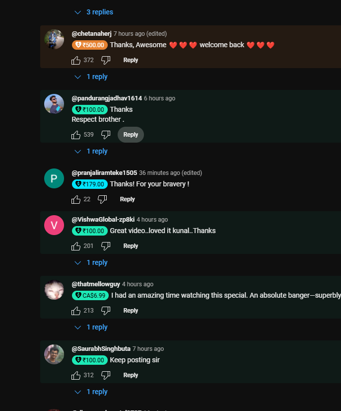 TravisKutty's tweet photo. Kunal Kamra’s YouTube comments are crazy—people are sending him money💰💸 in dollars, Rupees, and Pounds, and most of them, like 90%, are Sanatani Hindus! 

It seems like Hindus are finally waking up.

#kunalkamra https://t.co/VXeGjtyczp