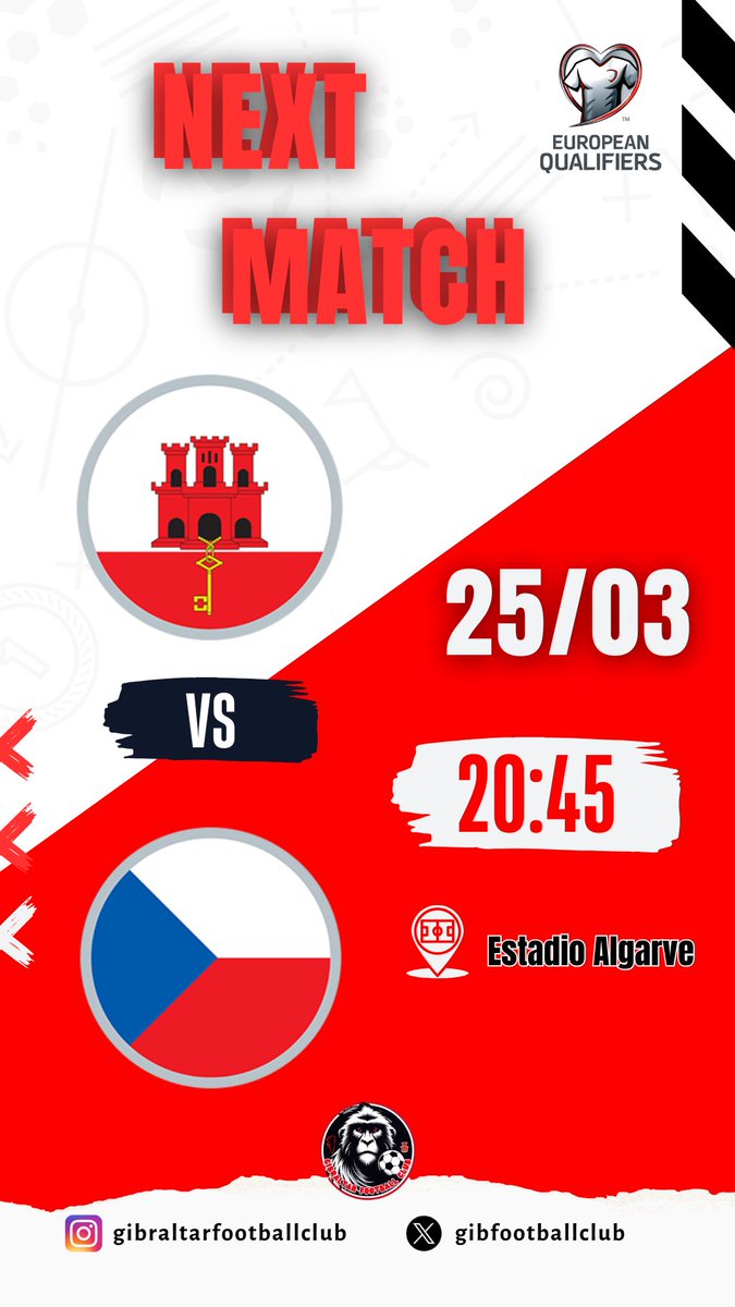 Next Match ‼️
#europeanqualifiers 

🇬🇮🆚🇨🇿

📆 25/03
⏰ 20:45
📍 Estadio Algarve (Portugal) 

#gibraltarfavsczechia #Gibraltar #gibraltarfa #estadioalgarve