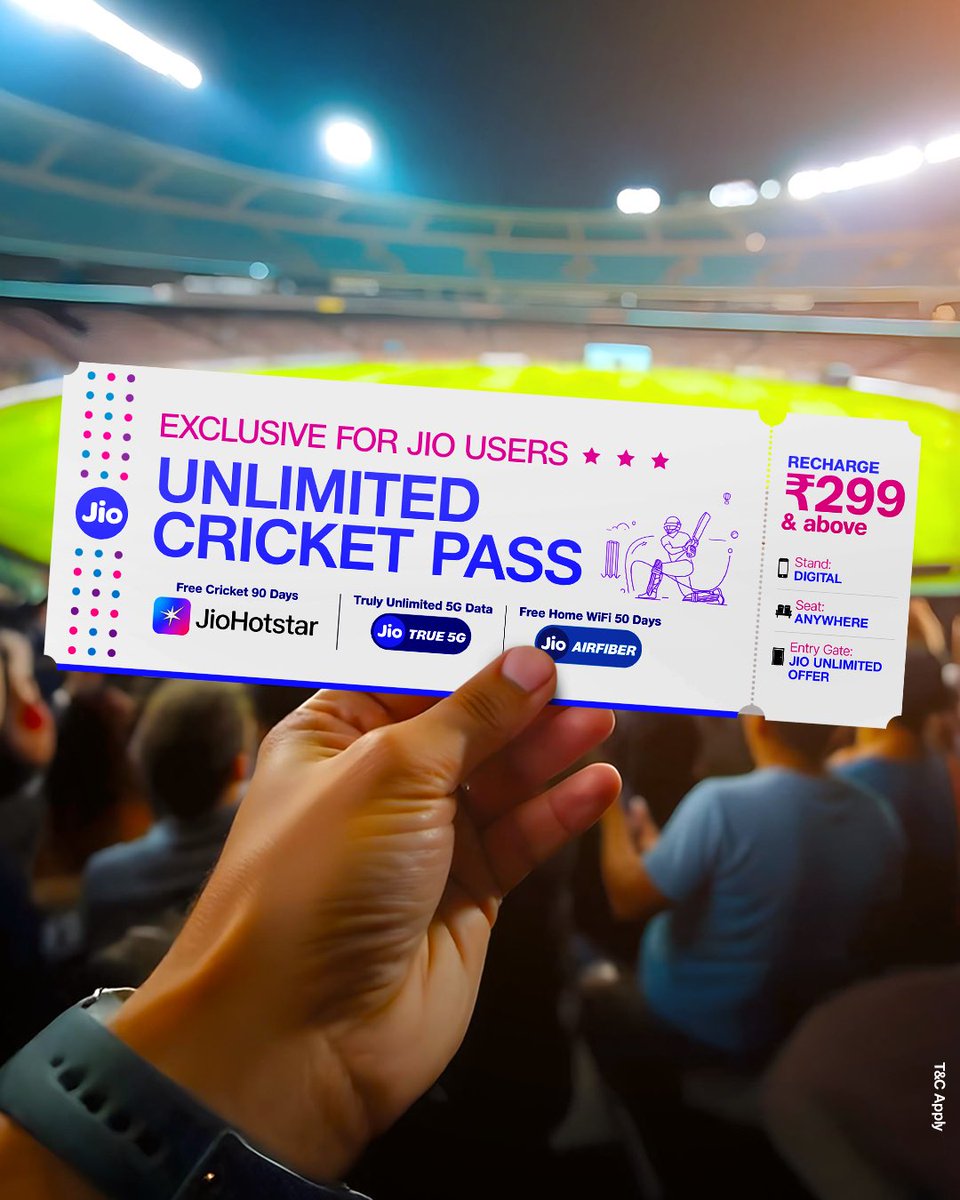 🏏Are You Ready for World’s BIGGEST #T20 League? 🔥#Cricket
👉 Recharge with ₹299 or above plan, today for Jio Unlimited Offer!
💥 90-day FREE JioHotstar in 4K – Every 6 &amp; wicket LIVE!
💥 50-day FREE JioFiber/AirFiber – 800+ channels &amp; OTT!
Click tiny.jio.com/marchoffer now.