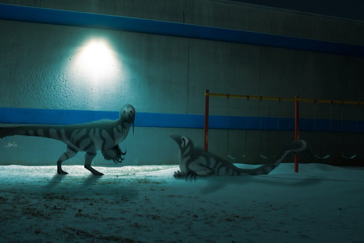 MEGARAPTORIDS
At night you can hear children's laughter in the playgrounds, but that laughter is strange, it doesn't sound like human laughter... I think I shouldn't have gotten too close

#Art #ArtistOnTwitter #megaraptorid #dinosaurs #megaraptor #Argentina #horror #HorrorArt