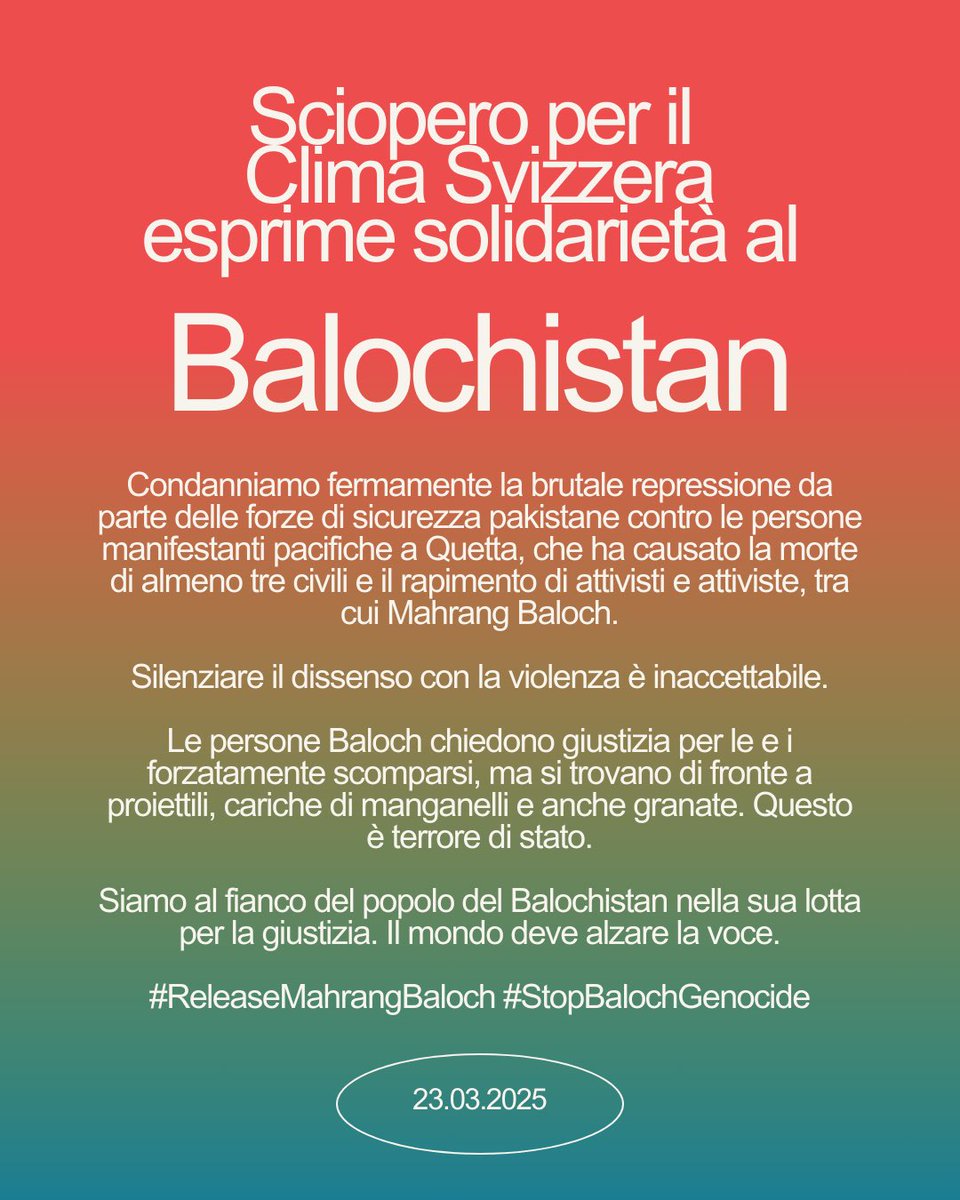 Climatestrike Switzerland stands in solidarity with Balochistan
#ReleaseMahrangBaloch #StopBalochGenocide