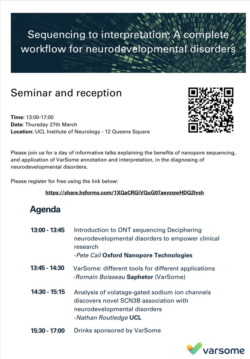 The Neurogenetics Lab ION (@ionsynapse) on Twitter photo Join us at <a href="/UCLIoN/">UCL Queen Square Institute of Neurology</a> on Thurs 27th March for an afternoon on how <a href="/nanopore/">Oxford Nanopore</a> & <a href="/varsome/">VarSome</a> are reshaping diagnosis of NDDs and other brain disorders through sequencing & variant interpretation. 🧬🧠 <a href="/UCLBrainScience/">UCL Brain Sciences</a> <a href="/LRS_UCL/">UCL Long Read Sequencing Service</a>
Register: share.hsforms.com/1XQaCRGiVQuG07… Join us at <a href="/UCLIoN/">UCL Queen Square Institute of Neurology</a> on Thurs 27th March for an afternoon on how <a href="/nanopore/">Oxford Nanopore</a> & <a href="/varsome/">VarSome</a> are reshaping diagnosis of NDDs and other brain disorders through sequencing & variant interpretation. 🧬🧠 <a href="/UCLBrainScience/">UCL Brain Sciences</a> <a href="/LRS_UCL/">UCL Long Read Sequencing Service</a>
Register: share.hsforms.com/1XQaCRGiVQuG07…