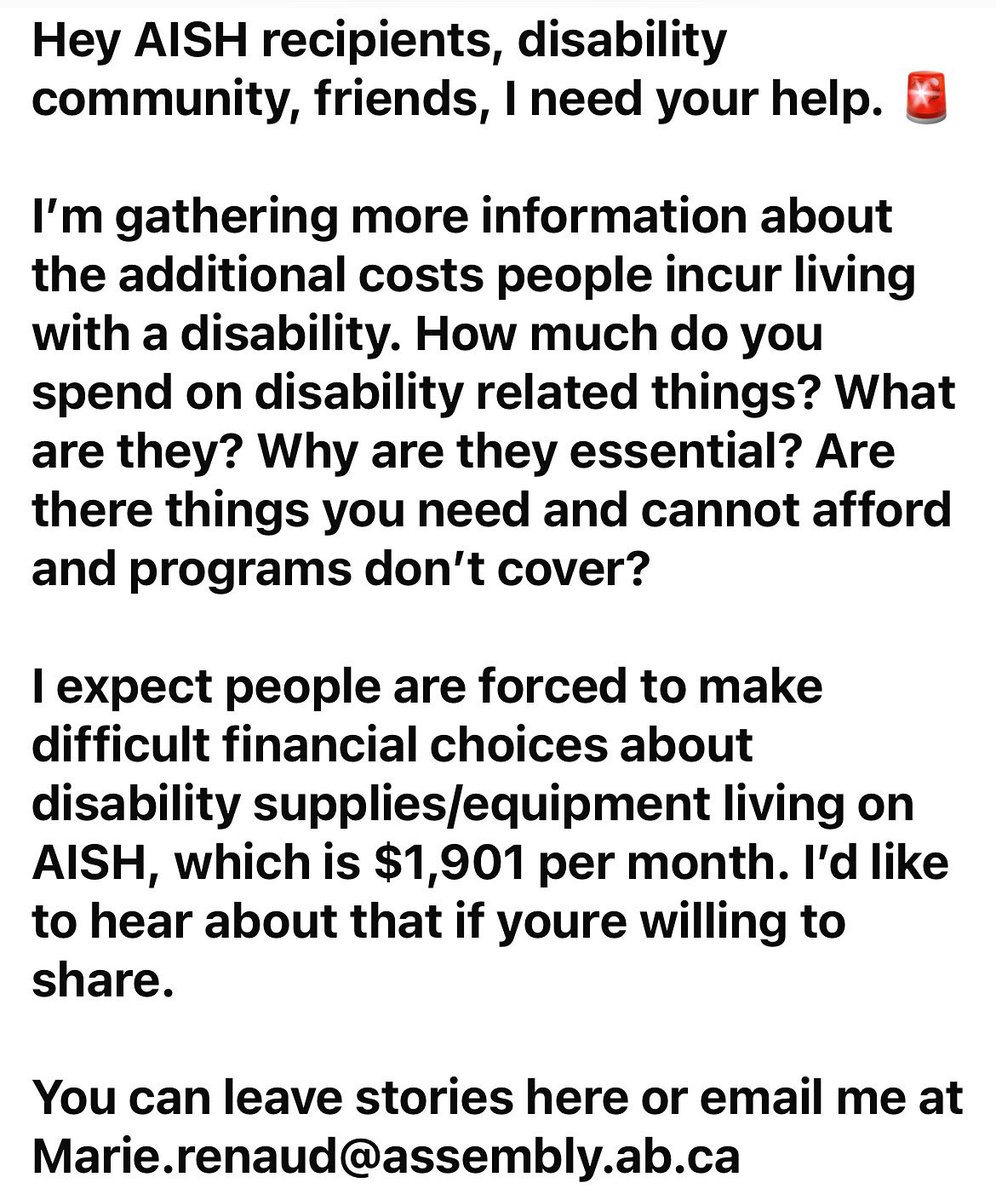 Danielle Smith and her minister say AISH is generous enough, disabled people on AISH (1,901 monthly) don’t need the new $200 Canada Disability Benefit.  So, the UCP is taking it away starting July 2025. 

Stories to share? 
#Alberta  #Disability