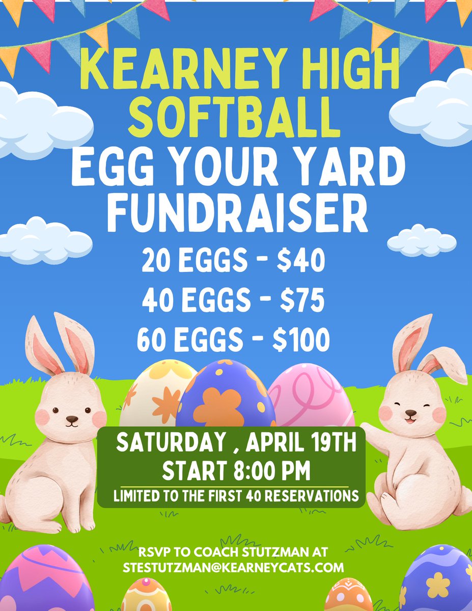 Experience the joy of Easter with Kearney High Softball's egg-stra special delivery! For a limited time, we'll secretly place eggs on your front lawn, spreading delight and wonder. Check our pricing sheet for details, limited to first 40 reservations.