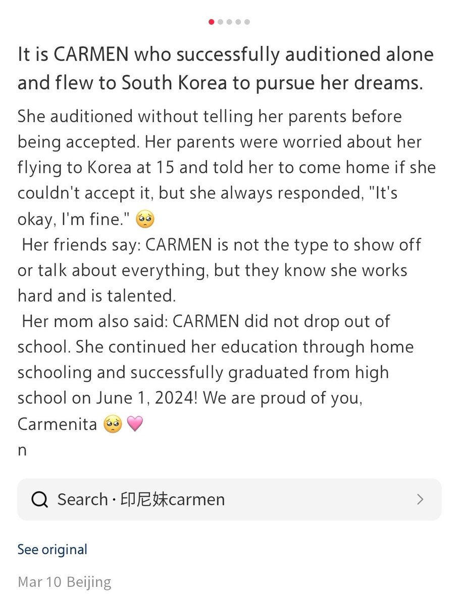 xiiaochuu's tweet photo. Xiaohongshu

"Carmen, yang mengikuti audisi seorang diri, berhasil dan terbang ke Korea Selatan untuk mengejar mimpinya. Sebelum diterima, dia tidak memberi tahu orang tuanya dan pergi ikut audisi. Orang tuanya khawatir tentang dia terbang ke Korea Selatan pada usia 15 tahun dan mengatakan kepadanya bahwa jika dia tidak kuat, pulang saja. Namun carmen hanya bilang, “Fine,  It's okay”. Teman-temanya berkata: “Carmen bukanlah tipe orang yang suka pamer atau membicarakan segala sesuatu/oversharing, tetapi mereka tahu bahwa dia bekerja keras dalam diam dan sangat berbakat”.  Ibunya juga berkata: "Carmen tidak putus sekolah. Dia melanjutkan pendidikannya dengan homeschooling dan berhasil lulus SMA pada 1 Juni 2024! Kami sangat bangga padamu Carmenita"

comment:
"Dia terlihat sangat pintar" 
"It's okay, i'm fine . Aku langsung ingat Gwenchana, Ding Ding Ding" 
"Sayang" 
"Jika member non korea bisa debut, mereka pasti sudah berlatih sangat keras" 
"Ya ampun, dia adalah gadis imut bermata besar sejak kecil" 
"Angela chang?" 
"Gadis kecil yang sangat imut" 
"Dia sedikit memiliki vibe Liang Jingru"
"Dia benar-benar sedikit mirip dengan Yoona" 
"Sangat imut!" 
"Matanya sangat besar"
"Dia sangat mirip dengan anak-anak China" 
"Siapa pun member asing yang dapat debut pasti luar biasa" 
"Sangat mengagumkan" 
"Sangat imut" 
"Dia mirip teman Asia Tenggaraku" 
"Carmen sangat kuat!" 
"Menyelesaikan studi adalah hal yang hebat"
"Lulus SMA adalah hal yang sangat bagus" 
"Sayang"
"Dia terlihat sangat familiar"
"Gadis yang luar biasa dan pemberani" 
"Hebat banget sayang!" 
"Gadis kecil yang sangat pemberani dan pekerja keras!" 
"hebat banget!" 
"Sayang, kamu akhirnya berhasil melewati kesulitan" 
"Dilihat dari matanya, dia memiliki mata yang besar secara alami" 
"Bayi yang sangat mengesankan"
"Gadis cantik bermata besar yang alami" 
"punya aegyosal yang alami, iri banget" 
"Terima kasih carmen sayang, karena telah bertahan dan berjalan hingga sampai di hadapan kakak"
"sangat berani" 
"Dengan bersikeras melanjutkan studinya saja sudah sangat mengesankan" 

#carmen #카르멘 #hearts2hearts #하츠투하츠
