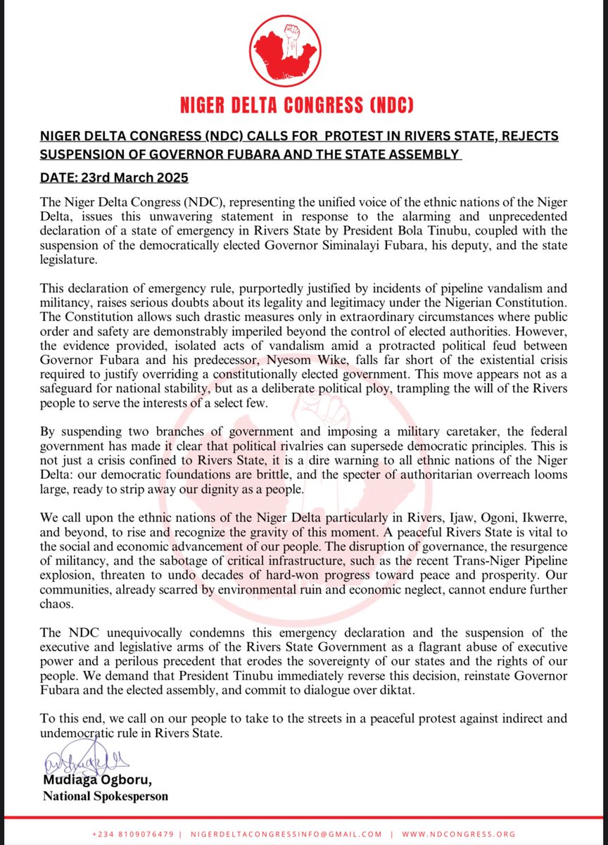 ND_Congress's tweet image. NIGER DELTA CONGRESS (NDC) CALLS FOR PROTEST IN RIVERS STATE, REJECTS SUSPENSION OF GOVERNOR FUBARA AND THE STATE ASSEMBLY
DATE: 23rd March 2025
