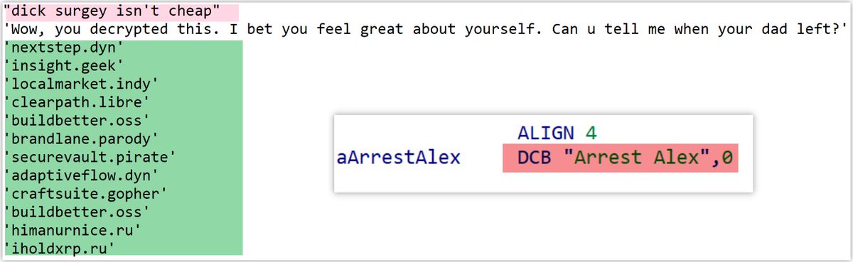 #IOC Some cool Easter eggs from #DDoS #Botnet 5FA0454DB32325C42EE70186CD5760C2: 
📸"dick surgey isn't cheap" &amp; 🚨"Arrest Alex"
Bro—oh wait, I guess I should call you sis now 🤣. Did the surgery hurt? Also, please don’t arrest Alex.🙏  Happy hunting 🍷 &amp; Stay vigilant ⏰,<a href="/Xlab_qax/">Xlab</a>