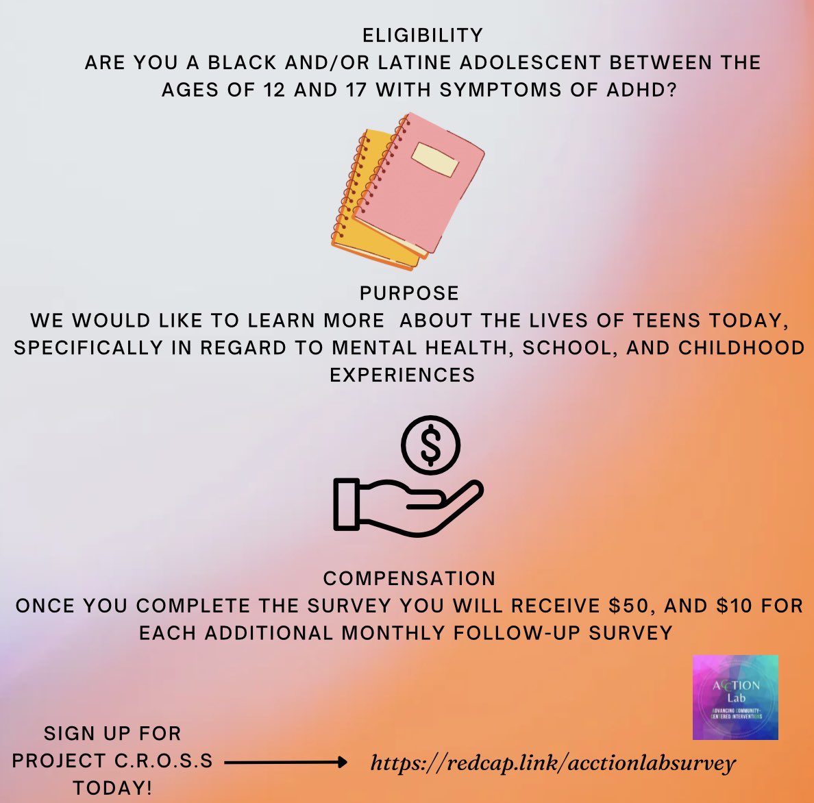 We invite you to participate in our new research study, Project C.R.O.S.S! Read on to find out if you are eligible and how to participate redcap.link/acctionlabsurv…. #adhd #mentalhealth #teens #chicago #research #psychology #anxiety #deppression #trauma #researchstudy