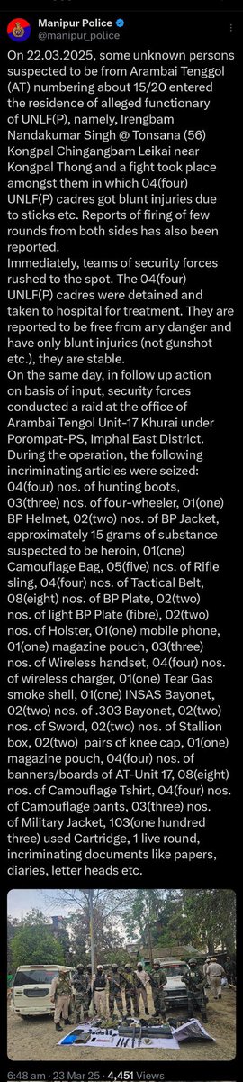 rptawz7's tweet photo. Arambai Tenggol’s recent raid by security forces, where 15g of suspected heroin was found, is just the beginning. only God knows the full extent of their involvement in illegal activities. The KukiZo community has long been warning the world that AT enjoys immunity due to its backing by Chief Minister Biren Singh and MP Sanajaoba. This support has allowed them to operate freely, carrying arms and launching operations, including attacking KukiZo villages, with no repercussions. Despite all this, they remain untouchable, even during the ongoing PR.

Authorities must step up and stop turning a blind eye to these criminal activities. It’s time for the government and law enforcement to show that no one is above the law. Holding those behind these operations accountable is the only way to restore peace and justice in Manipur. We demand action and transparency, not impunity. #Manipur #JusticeForKukiZo #ArambaiTenggol