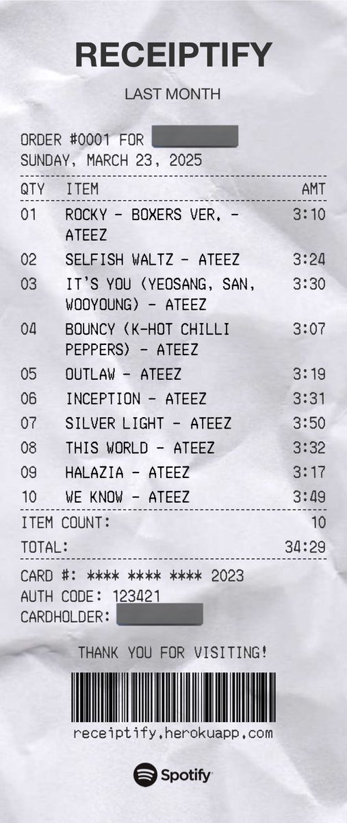 chupcoups's tweet photo. @tanyakanrl ngaku carat tp receiptify full ateez 😭😭 https://t.co/Jgpy6txskT