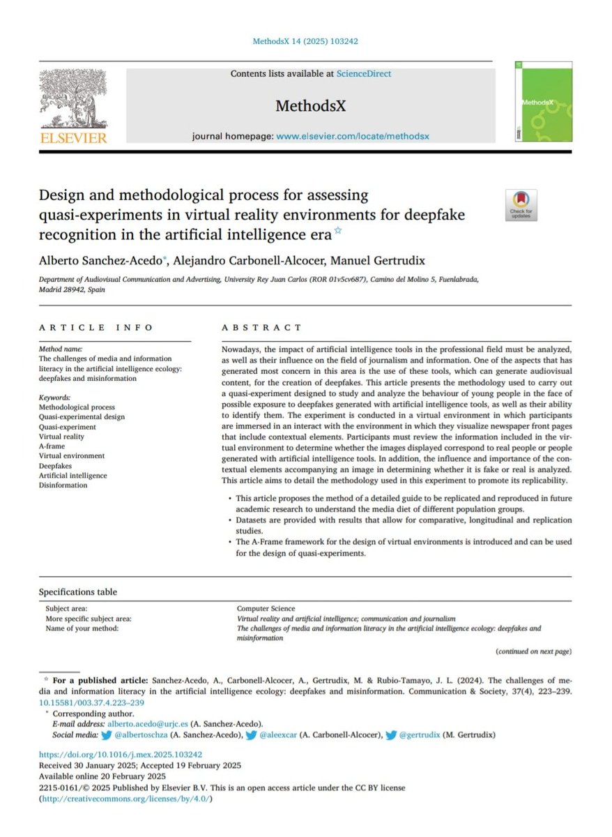 Alberto Sanchez-Acedo (@albertoschza) on Twitter photo ¡Nuevo artículo de investigación publicado! 📖👨🎓
"Design and methodological process for assessing
quasi-experiments in virtual reality environments for deepfake
recognition in the artificial intelligence era"
<a href="/Aleexcar/">Alejandro Carbonell-Alcocer</a> <a href="/gertrudix/">Manuel Gértrudix</a>
doi.org/10.1016/j.mex.…
Abro hilo 👇🏾 ¡Nuevo artículo de investigación publicado! 📖👨🎓
"Design and methodological process for assessing
quasi-experiments in virtual reality environments for deepfake
recognition in the artificial intelligence era"
<a href="/Aleexcar/">Alejandro Carbonell-Alcocer</a> <a href="/gertrudix/">Manuel Gértrudix</a>
doi.org/10.1016/j.mex.…
Abro hilo 👇🏾