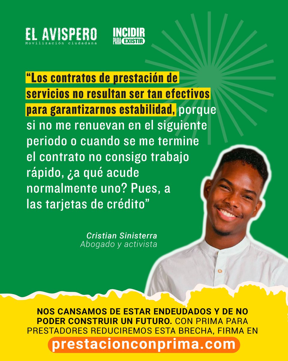 📉 Las deudas no paran de crecer. Las pocas garantías y la inestabilidad de los contratos de prestación de servicios hacen que muchos tengan que recurrir a créditos para completar el mes. Una prima para prestadores sería un alivio y un mayor bienestar para los jóvenes de