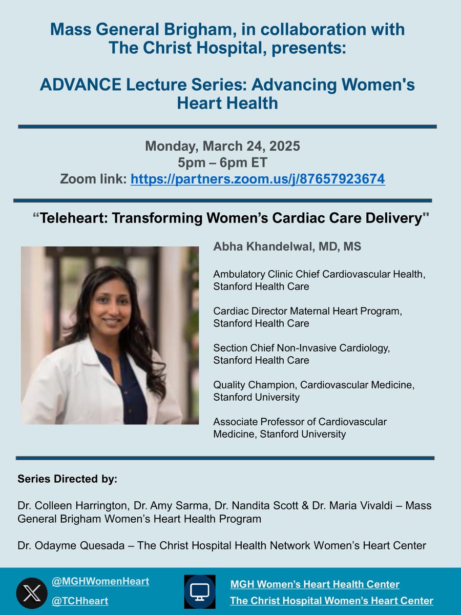 iSCADregistry (@iscadregistry) on Twitter photo TOMORROW Monday, March 24, 2025, at 5pm EST attend the <a href="/MGHWomenHeart/">MGH Corrigan Women's Heart Health Program</a> ADVANCE Lecture Series: Advancing Women’s Heart Health. partners.zoom.us/j/87657923674 TOMORROW Monday, March 24, 2025, at 5pm EST attend the <a href="/MGHWomenHeart/">MGH Corrigan Women's Heart Health Program</a> ADVANCE Lecture Series: Advancing Women’s Heart Health. partners.zoom.us/j/87657923674