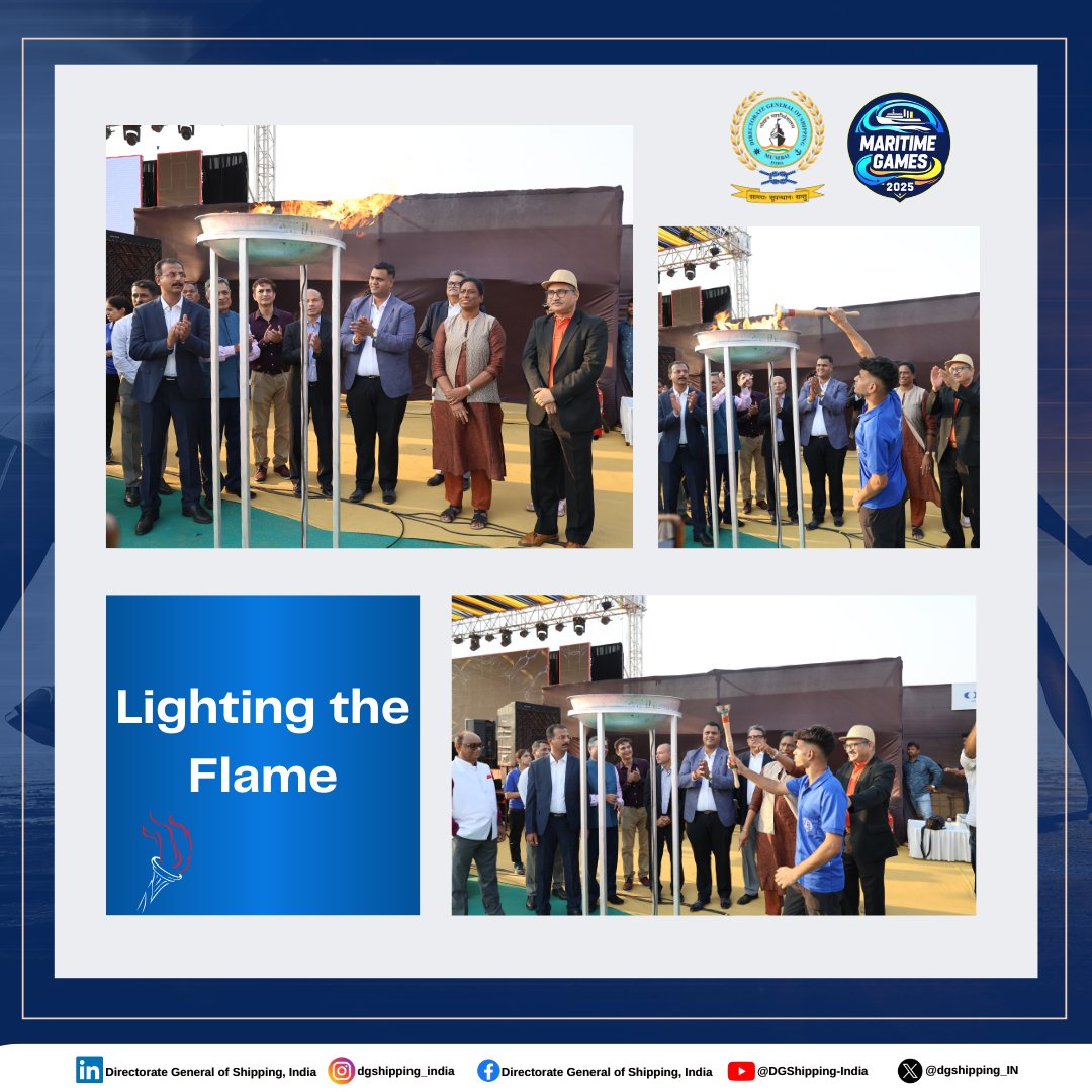 dgshipping_IN's tweet photo. Maritime Games 2025: Flag Hoisting, Oath Taking, and Torch Lighting Ceremony

The opening ceremony began with the hoisting of the Maritime Games flag, symbolizing the official start of the event. As the flag rose high, it filled the venue with pride and anticipation, marking the commencement of the Maritime Games 2025.

Legendary athlete P.T. Usha graced the occasion as a distinguished guest, inspiring participants with her presence and words of encouragement.

Following the flag hoisting, the Oath Taking Ceremony took place, where athletes pledged to uphold the values of fair play, respect, and sportsmanship throughout the games.

The ceremony culminated in the lighting of the torch, a significant moment symbolizing the start of the competition. The flame, representing the spirit of the games, ignited excitement and marked the official beginning of the Maritime Games 2025, setting the stage for the thrilling events ahead.

@shipmin_india
@MaritimeGamesIn
@JNPort
@shippingcorp
@MumbaiPortTrust
@IMU_HQ

#MaritimeGames2025 #PTUsha #FlagHoisting #OathTaking #TorchLighting #MaritimeSports #DGShipping #Sportsmanship #FairPlay #Seafarers #MaritimeCommunity #UnityInSports #MaritimeExcellence