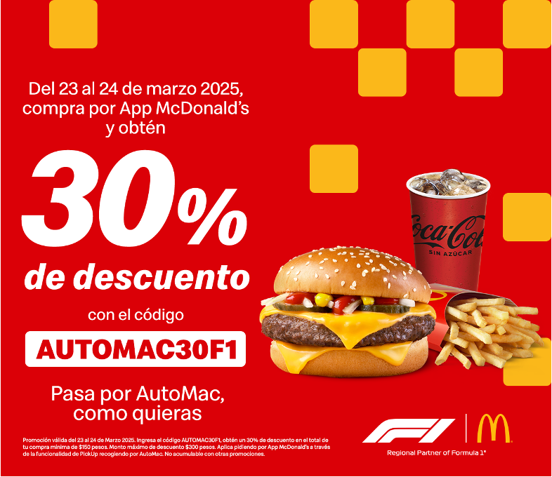 McDonaldsMexico's tweet photo. Este es un descuento que tienes que aprovechar.👌🏽 
Abre la App, 📱 recoge en #AutoMac 🚘 y disfruta 🍔​

Click aquí: https://t.co/zZkUm6rwcA 
#F1 https://t.co/gU4xFPuUMU