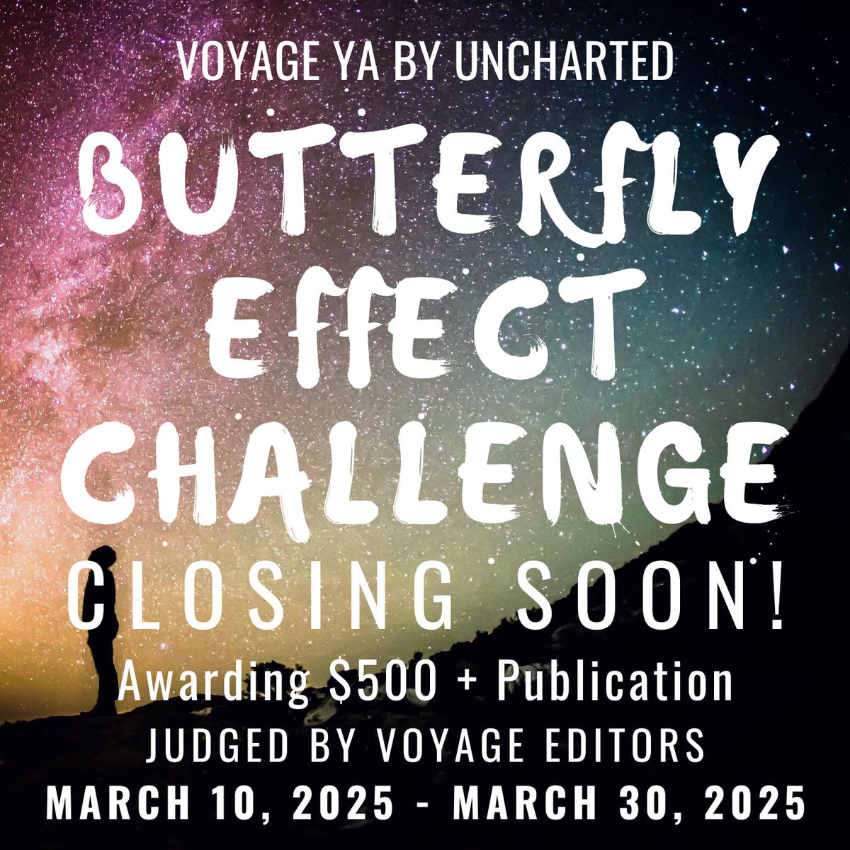 voyage_ya's tweet photo. ❗🦋 One week remaining to take part in our Butterfly Effect Challenge! 🦋❗

We want to see how one small plot point or detail ends up greatly impacting the character or story arc.

Deadline: March 30, 2025, 11:59 PM Pacific

Learn more: https://t.co/DwSCAE1STl https://t.co/g02hCPxxoH