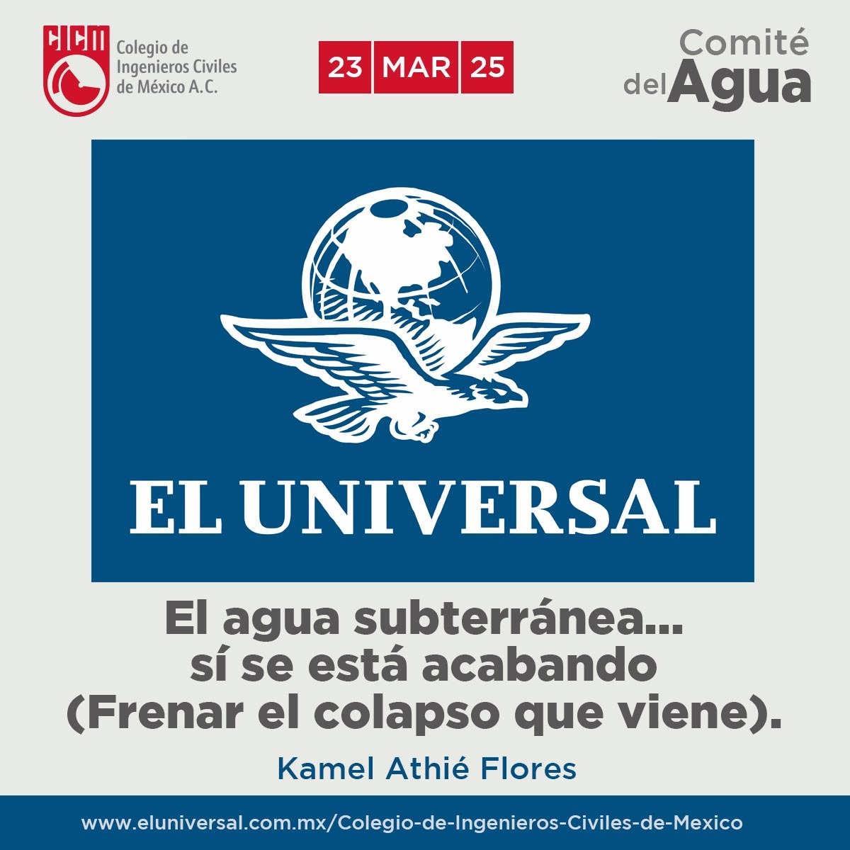 CICMoficial's tweet photo. "EL AGUA SUBTERRÁNEA... SÍ SE ESTÁ ACABANDO (FRENAR EL COLAPSO QUE VIENE)."
Un artículo editorial de la colaboración CICM-El Universal, desarrollado por KAMEL ATHIÉ FLORES, miembro del Comité del Agua del Colegio de Ingenieros Civiles de México:  https://t.co/e9bnq5o0R3 https://t.co/6x9PFgPYV2