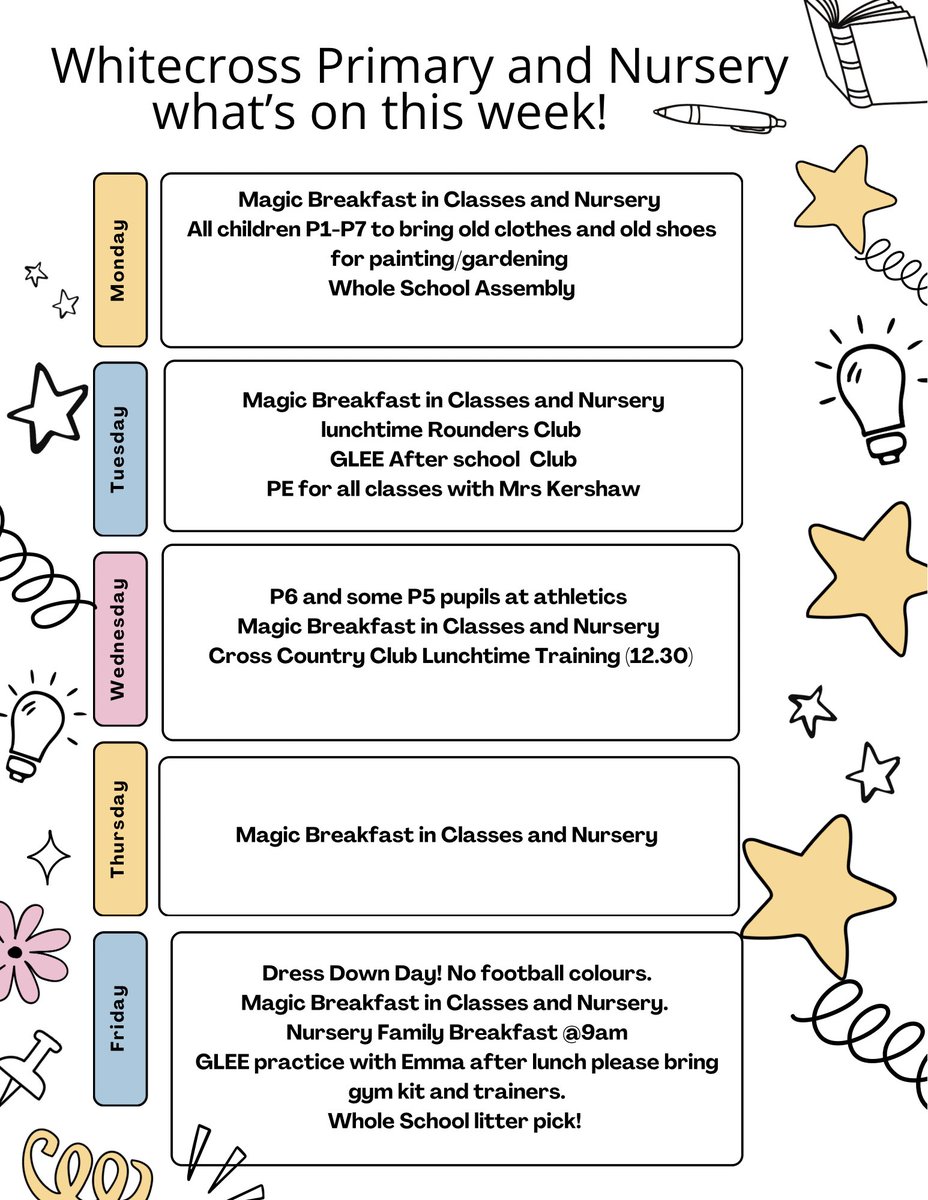 Mrs Kilpatrick (@kilpatrickdonna) on Twitter photo Here’s our What’s on for this week! Looking forward to welcoming our children back to school and nursery tomorrow! 💛<a href="/WhitecrossPS/">Whitecross PS</a> <a href="/WC_nurseryclass/">Whitecross Nursery</a> <a href="/WhitecrossP1_2/">P3/2/1</a> <a href="/WpsMissS/">Miss Sommerville</a> <a href="/MrsThomsonWPS/">Emma Thomson</a> Here’s our What’s on for this week! Looking forward to welcoming our children back to school and nursery tomorrow! 💛<a href="/WhitecrossPS/">Whitecross PS</a> <a href="/WC_nurseryclass/">Whitecross Nursery</a> <a href="/WhitecrossP1_2/">P3/2/1</a> <a href="/WpsMissS/">Miss Sommerville</a> <a href="/MrsThomsonWPS/">Emma Thomson</a>
