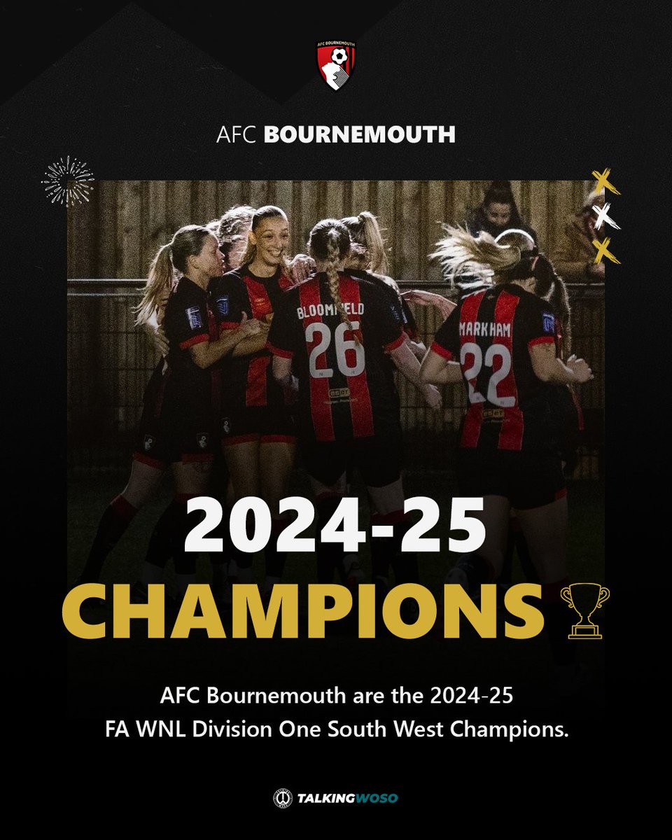 TalkingWoSo's tweet photo. CHERRIES ON TOP! 🍒

Undefeated and undeniable! AFC Bournemouth have clinched the 2024-25 FAWNL Division One South West title, storming their way to promotion to the Southern Premier Division with a flawless 18-win streak.

📸 @AFCBournemouthW https://t.co/FfHK6x68CK