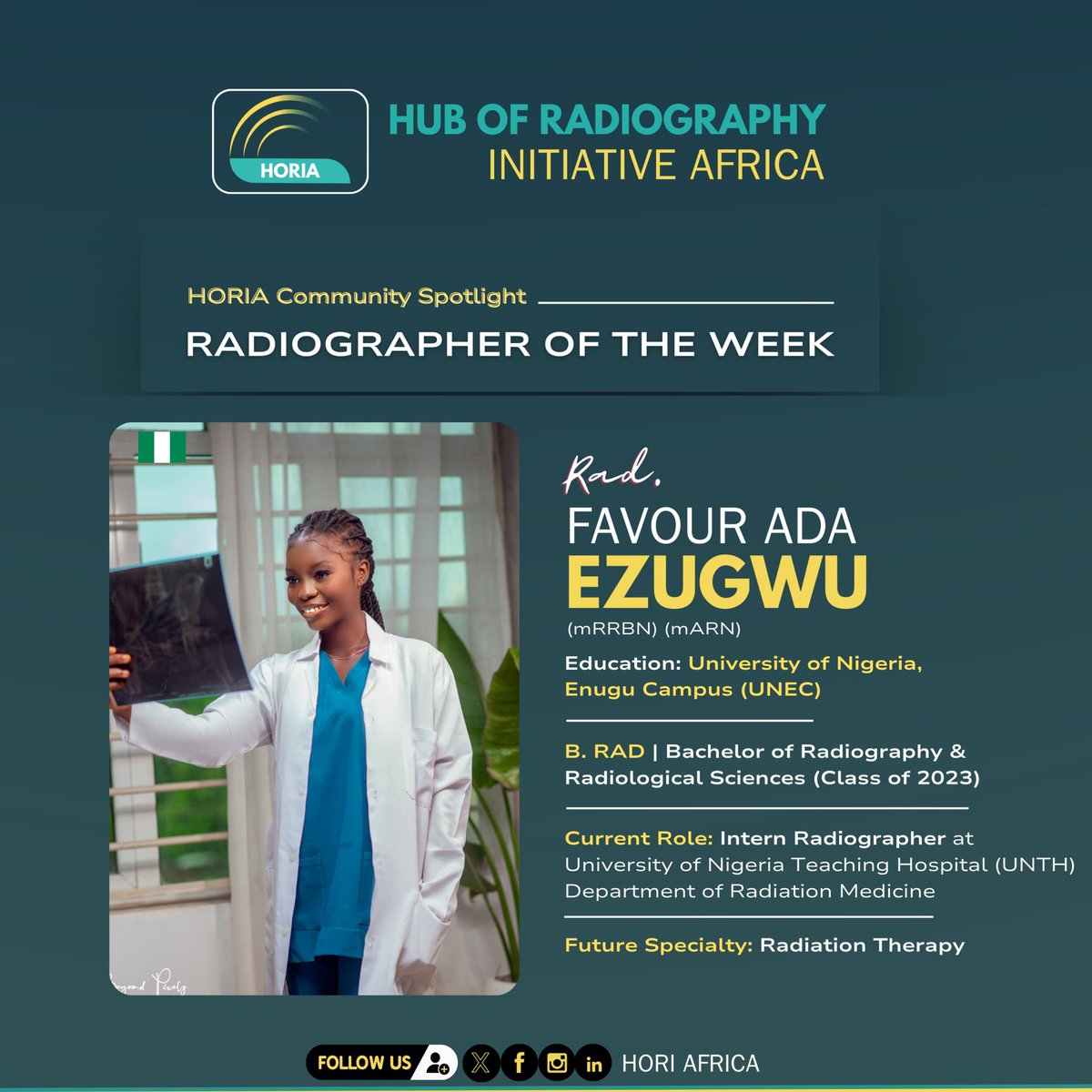 📢‼️RADIOGRAPHER OF THE WEEK

From HORI AFRICA,
This award honors Rad. Favour Ada Ezugwu's outstanding contributions to the Department of Radiation Medicine at UNTH. We celebrate her achievement and commitment to excellence in the Radiography Profession.

#Horiafrica #radiography