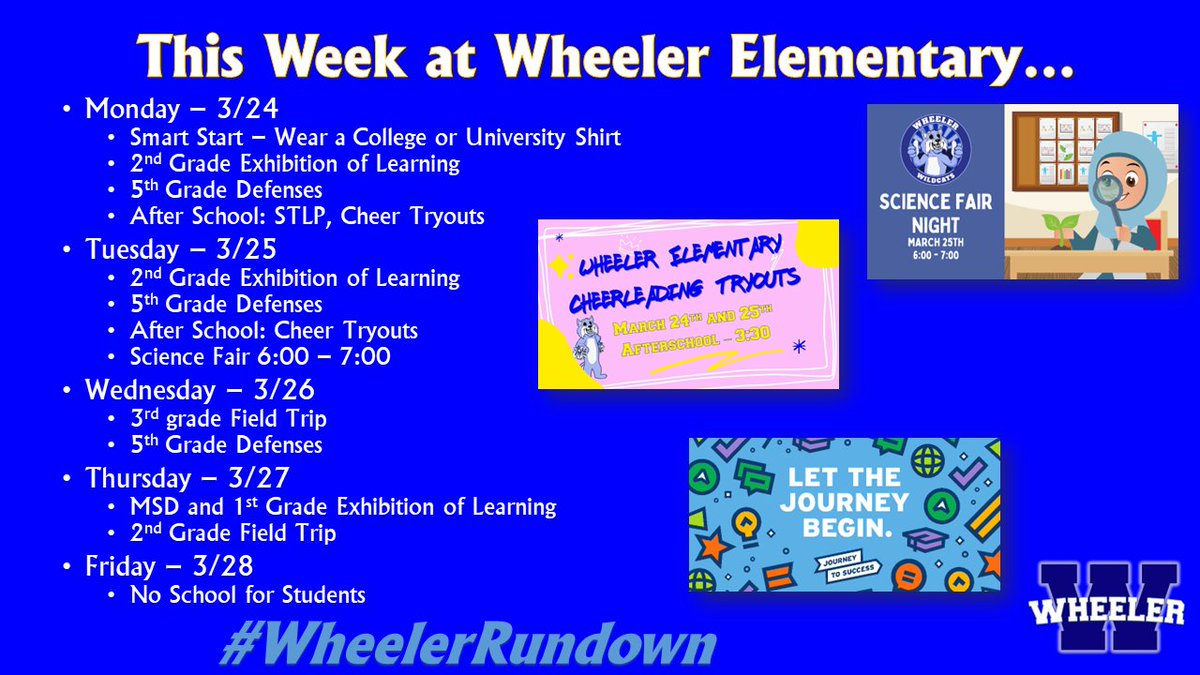 🌟 Only 4 days left until spring break at Wheeler! Get excited for the amazing things we have planned! 🎉 Check out what's in store in the #WheelerRundown!