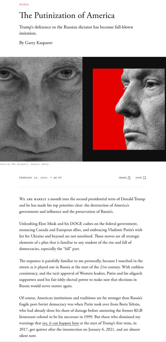 „Wir werden vielleicht nie erfahren, warum Trump Putin gegenüber so pervers loyal ist“ &amp; „wir wissen nicht genau, warum Musk sich voll und ganz für Trump und 🇷🇺 einsetzte“, schreibt <a href="/Kasparov63/">Garry Kasparov</a>. „Aber ich verstehe die Dringlichkeit ihres Handelns, und es ist eine ernste Warnung.“