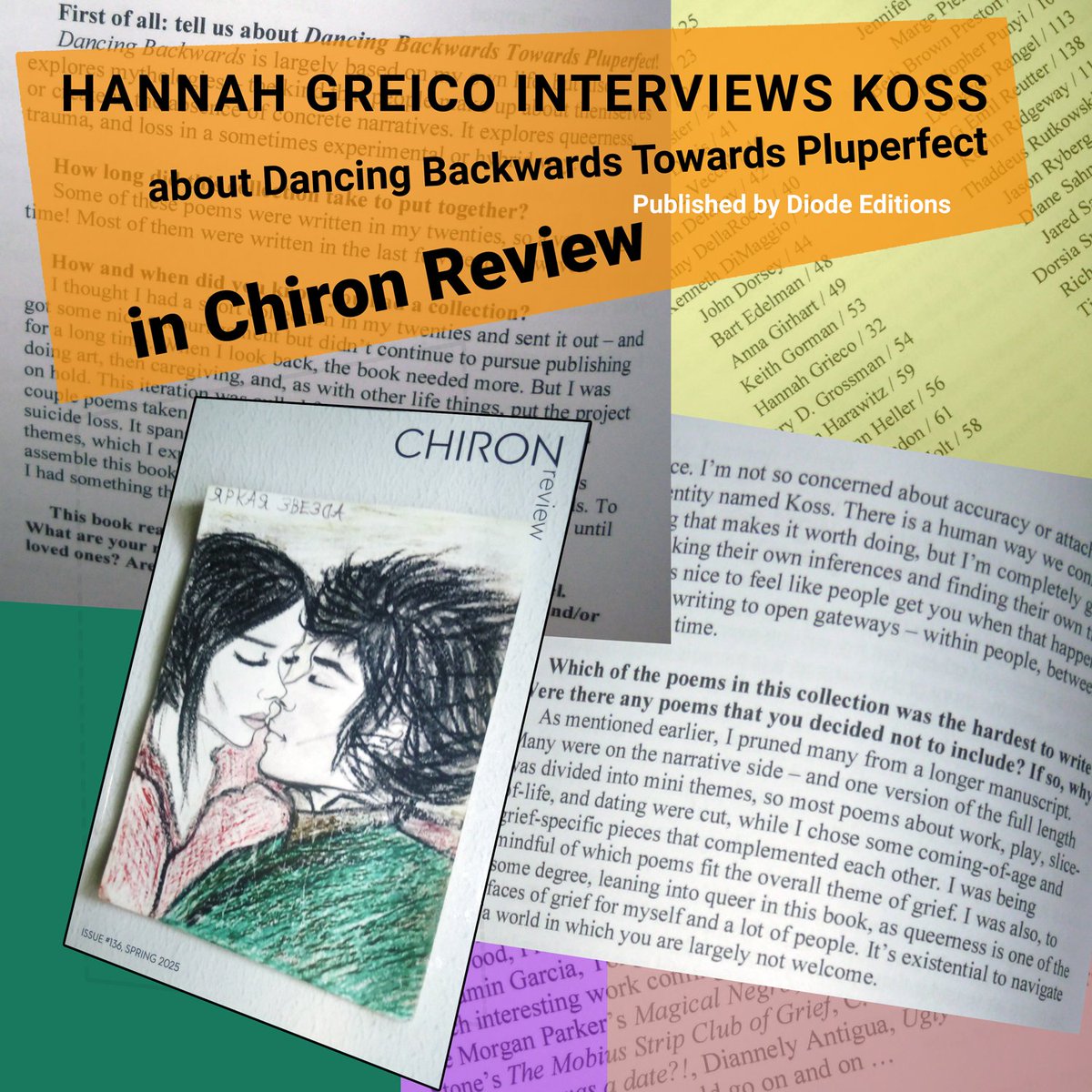 Koss51209969's tweet photo. I'm so honored to have this interview about Dancing Backwards (from @diodeeditions) by Hannah Greico in the latest issue of Chiron Review! We talk about process, privacy issues, form and more!
#interview, #bookinterview, #authorinterview, #poetryinterview https://t.co/FbUBD6Z4TB