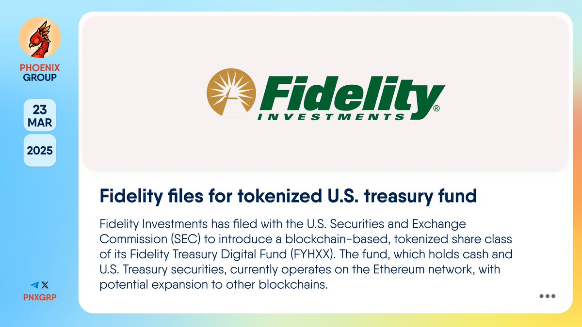 🔥 @Fidelity files for tokenized U.S. treasury fund #FidelityInvestments  has filed with the U.S. Securities and Exchange Commission #SEC to  introduce a #blockchain-based, tokenized share class of its Fidelity  Treasury Digital Fund (
