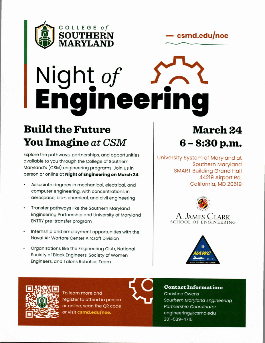 LEAPForwardLEAP's tweet image. Attend the Night of Engineering event at the College of Southern Maryland tomorrow! Attendees can tune in online or in person from 6:00 - 8:30 PM