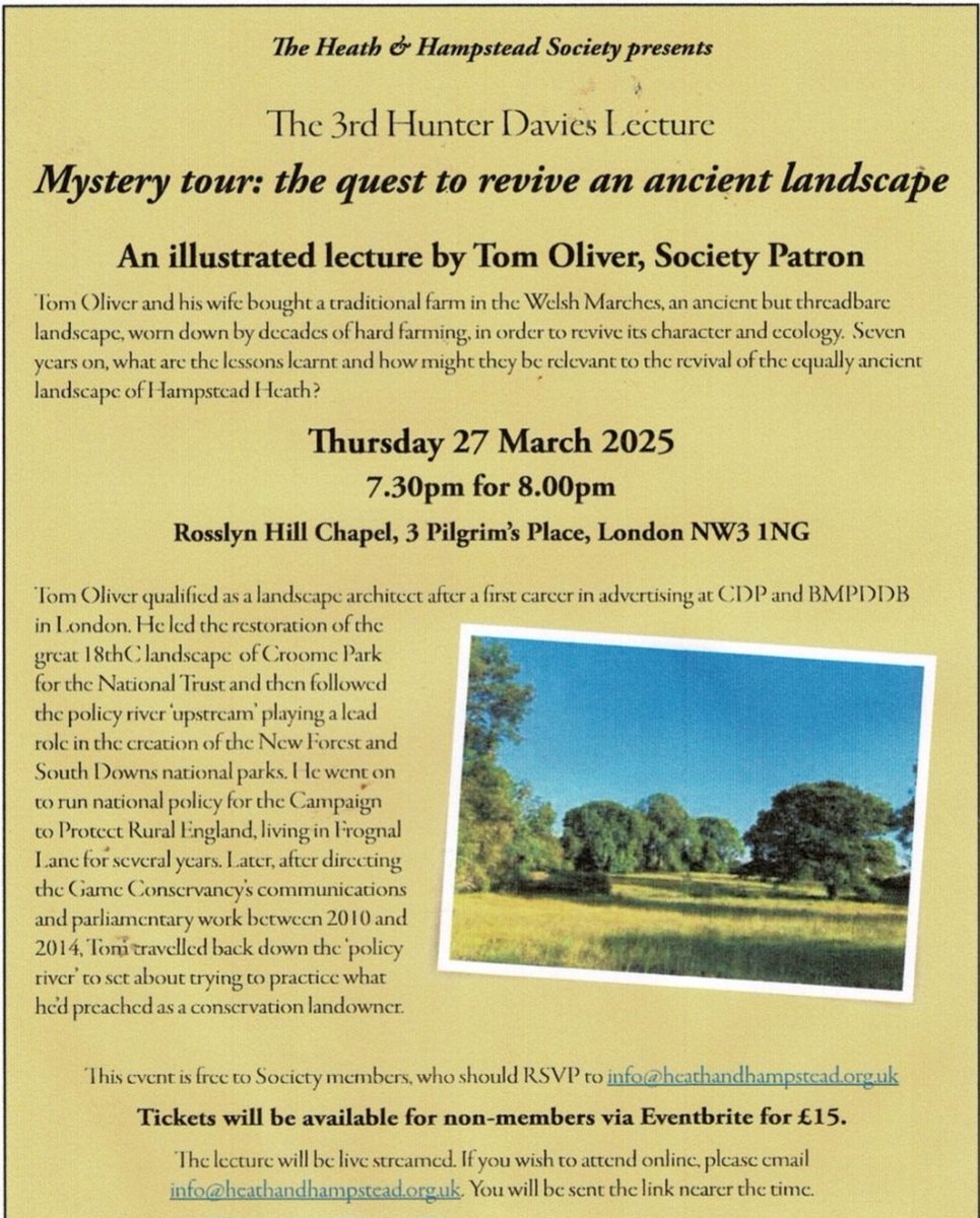 Heath & Hampstead (@handhsocheath) on Twitter photo Come along this Thursday, 27 March 2025, to the 3rd Hunter Davies Lecture presented by Tom Olivier, 7.30pm 
The talk will look at ways to revive ancient landscapes such as Hampstead Heath.
Refreshments will be served and tickets for non-members are £15:
eventbrite.co.uk/e/the-3rd-hunt… Come along this Thursday, 27 March 2025, to the 3rd Hunter Davies Lecture presented by Tom Olivier, 7.30pm 
The talk will look at ways to revive ancient landscapes such as Hampstead Heath.
Refreshments will be served and tickets for non-members are £15:
eventbrite.co.uk/e/the-3rd-hunt…