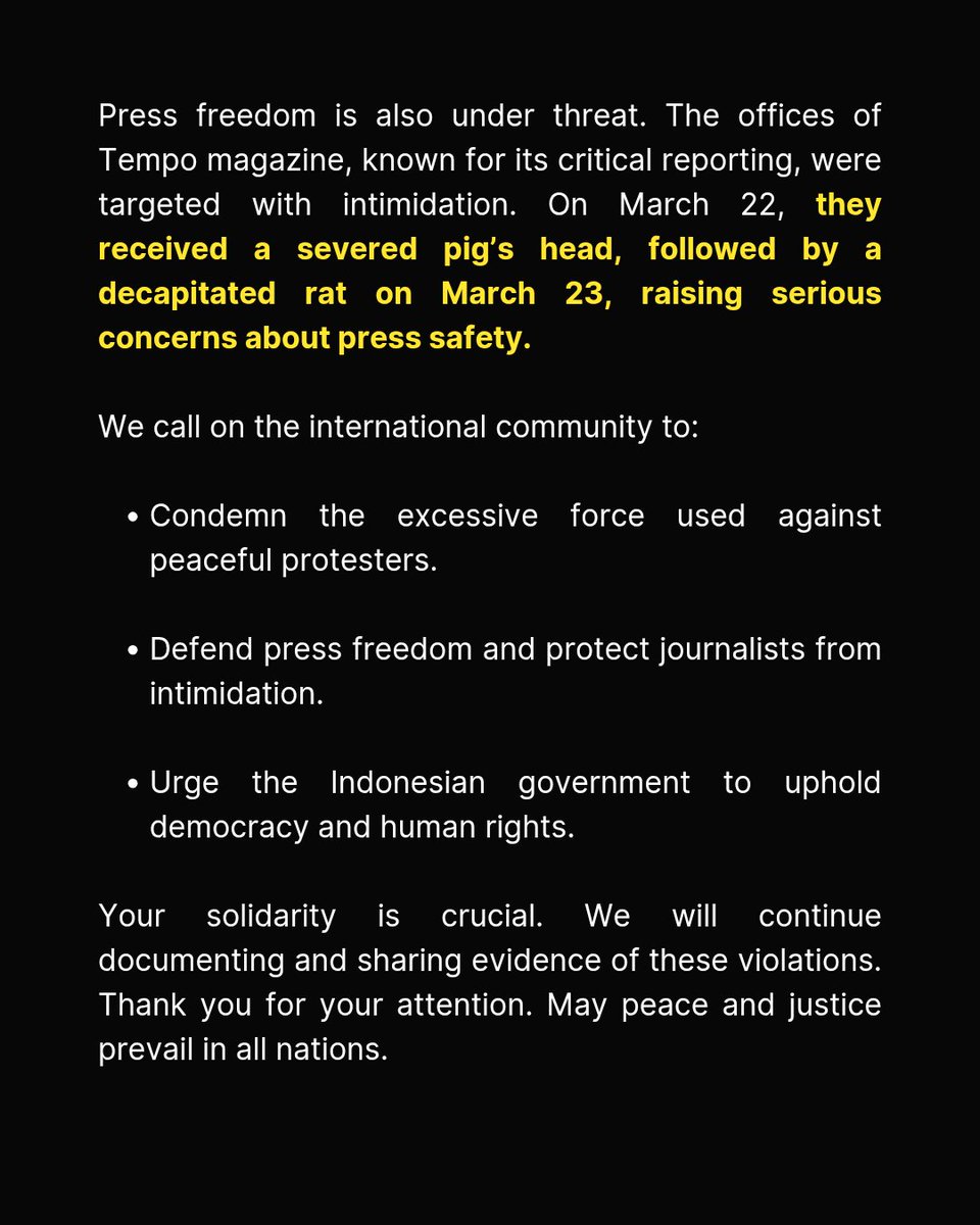 txtfromIR (Si Kuning) (@txtfromir) on Twitter photo CALLING TO ALL INTERNATIONAL COMMUNITY, JOURNALIST & MEDIA ❗
Please tag foreign influencers, journalists, media, etc. We need the world to watch, support and stand in solidarity with the people of Indonesia 🇮🇩
cc: <a href="/barengwarga/">Bareng Warga - #IndonesiaGelap</a> <a href="/BudiBukanIntel/">Furry Irwandi 🐿🦉🎨🔮🧟♀️☔🦚🍂🔨📜</a> <a href="/logos_id/">Logos ID</a> <a href="/neohistoria_id/">Neo Historia Indonesia</a> CALLING TO ALL INTERNATIONAL COMMUNITY, JOURNALIST & MEDIA ❗
Please tag foreign influencers, journalists, media, etc. We need the world to watch, support and stand in solidarity with the people of Indonesia 🇮🇩
cc: <a href="/barengwarga/">Bareng Warga - #IndonesiaGelap</a> <a href="/BudiBukanIntel/">Furry Irwandi 🐿🦉🎨🔮🧟♀️☔🦚🍂🔨📜</a> <a href="/logos_id/">Logos ID</a> <a href="/neohistoria_id/">Neo Historia Indonesia</a>