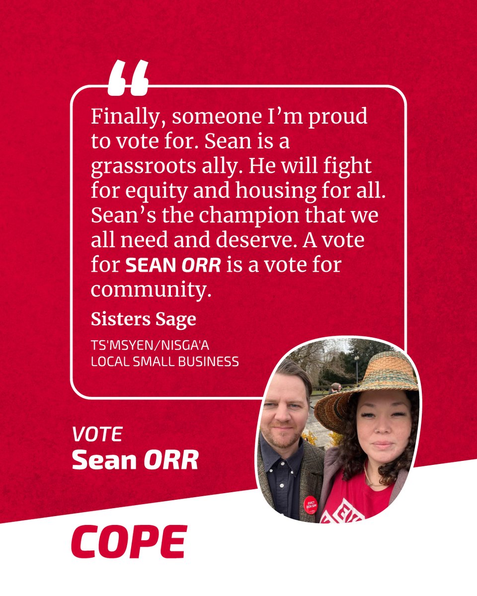 COPEVancouver's tweet image. This endorsement means so much.

A vote for @seanorr is a vote for community.   

On April 5th, vote for community. 

Vote for a fighter who will hold Ken Sim's feet to the fire.

votecope.ca/sean-orr

#vanpoli #VanVotes2025 #SeanOrrForCityCouncil