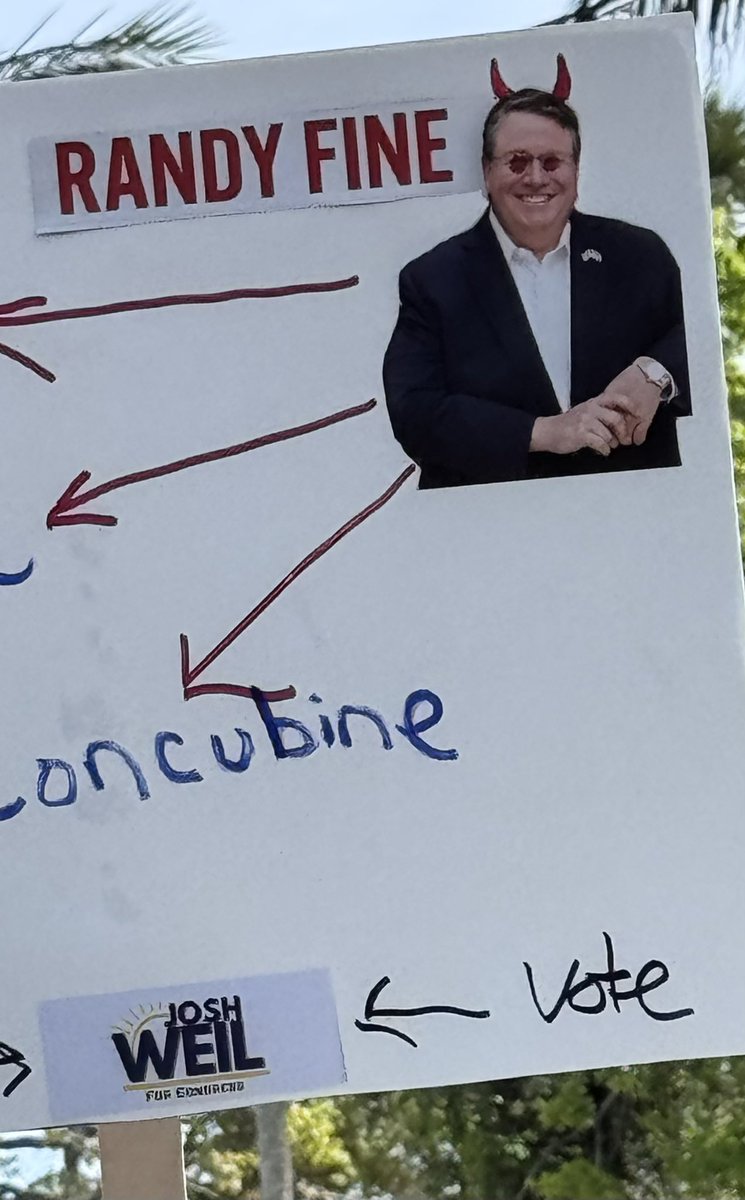 VoteRandyFine's tweet image. Disgusted at the antisemitic sign a #JihadJosh Weil supporter was waving as they tried to literally overwhelm my meet and greet in Volusia County.   Putting horns on Jews is a blood libel 1,000 years old.  (Click on the pic to make sure you can see them).  There is evil in this…