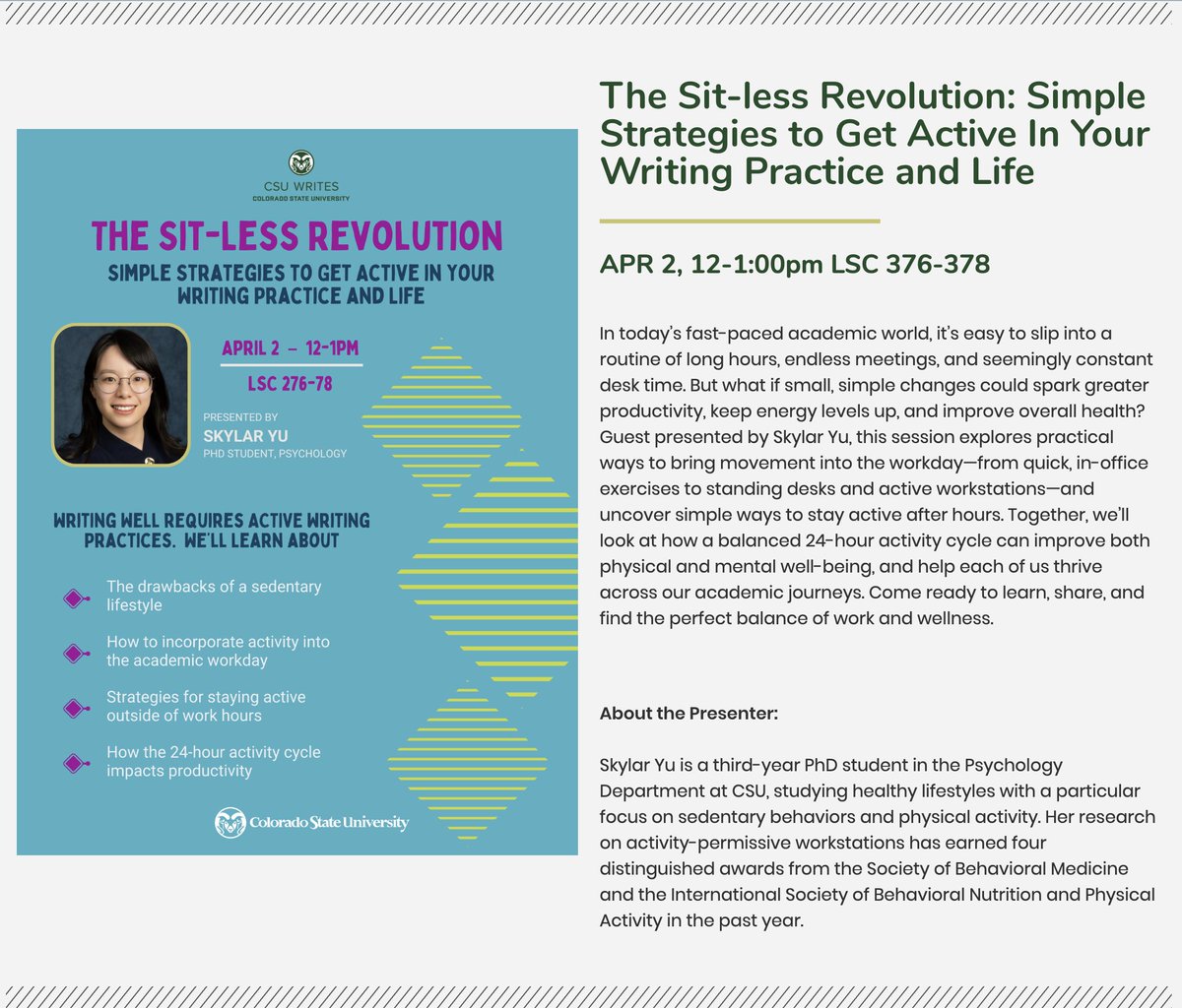 skylar_yiqing's tweet image. Stuck at your desk all day? Let’s make a change. I’m giving a talk on Apr 2, 12–1 PM: The Sit-less Revolution—simple ways to reduce sedentary time and improve overall well-being.
📍 LSC 276–78
🔗 Register: csuwrites.colostate.edu/guest-speaker-…