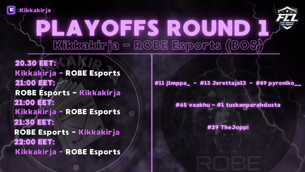 🇫🇮PELIPÄIVÄ‼️💜

ODOTETUT FCL PUDOTUSPELIT OVAT TÄÄLLÄ JA KOHTAAMME ROBE ESPORTSIN🐻 RO32:LLA. 

KIIREISEN AIKATAULUN VUOKSI OLEMME SOPINEET KOKO SARJAN PELATTAVAN TÄNÄÄN🆘‼️

ODOTETTAVISSA ON TASAISTA VÄÄNTÖÄ, SILLÄ VASTUSTAJALTA LÖYTYY PALJON KOKEMUSTA KORKEILTA SARJATASOILTA