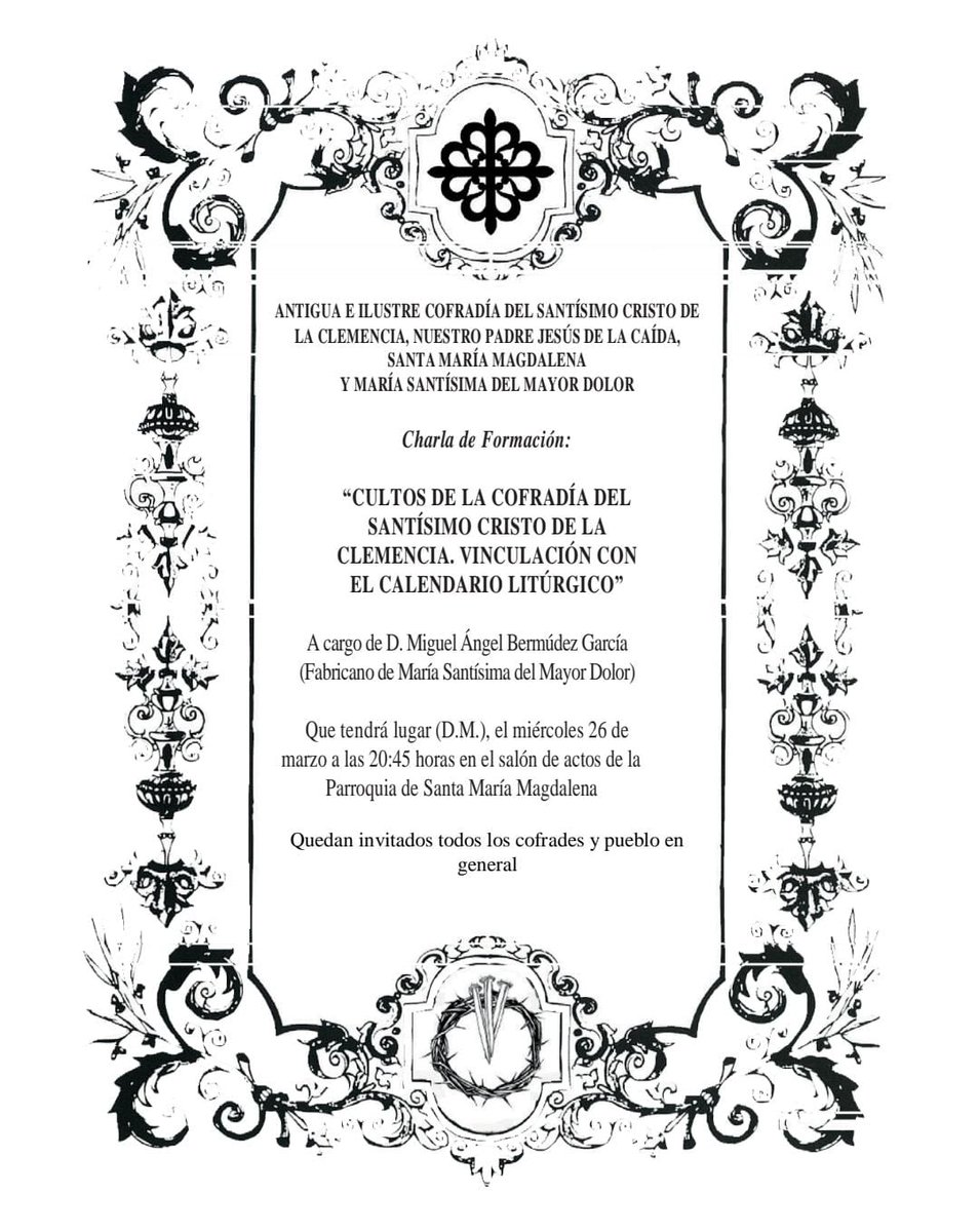 JaenClemencia's tweet photo. 🔴 CHARLA
Desde la Vocalía de Formación de nuestra Cofradía se ha organizado una charla bajo el título "Cultos de la Cofradía del Santísimo Cristo de la Clemencia. Vinculación con el calendario litúrgico".

📅 26 de marzo
🕰️ 20:45 horas
🏠 Salones Parroquiales

#LaMagdalena https://t.co/SOCU5JLRzd
