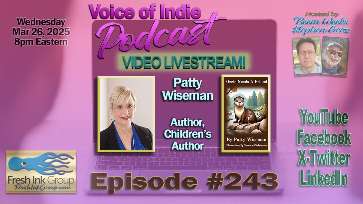 Stephanie Collins (@w_angels_wings) on Twitter photo Patty Wiseman <a href="/PattyWG/">Patty Wiseman</a> VOICE OF INDIE #Podcast <a href="/FreshInkGroup/">Fresh Ink Group</a> hosts <a href="/StephenGeez/">StephenGeez.com</a> <a href="/BeemWeeks/">Beem Weeks</a> March 26, 2025, 8PM EST
LINK: youtube.com/watch?v=Njr48Q…
#fiction #np #historical #romance #childrensbooks #indieauthor #author #writer #book #FIG #BookReview #ASMSG #IARTG a <a href="/VoiceOfIndie/">Voice Of Indie</a> Patty Wiseman <a href="/PattyWG/">Patty Wiseman</a> VOICE OF INDIE #Podcast <a href="/FreshInkGroup/">Fresh Ink Group</a> hosts <a href="/StephenGeez/">StephenGeez.com</a> <a href="/BeemWeeks/">Beem Weeks</a> March 26, 2025, 8PM EST
LINK: youtube.com/watch?v=Njr48Q…
#fiction #np #historical #romance #childrensbooks #indieauthor #author #writer #book #FIG #BookReview #ASMSG #IARTG a <a href="/VoiceOfIndie/">Voice Of Indie</a>