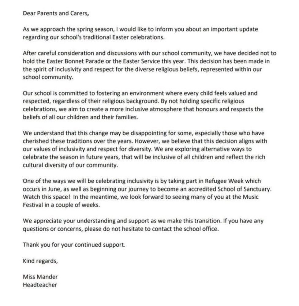EASTER CANCELLED: if you’re a child in Norwood School in Eastleigh then Easter has been cancelled by the woke head Stephanie Mander. 

No making palm crosses, egg painting, card making. Who enjoyed this?

Who gave this woman the right to take away part of our Christian culture?