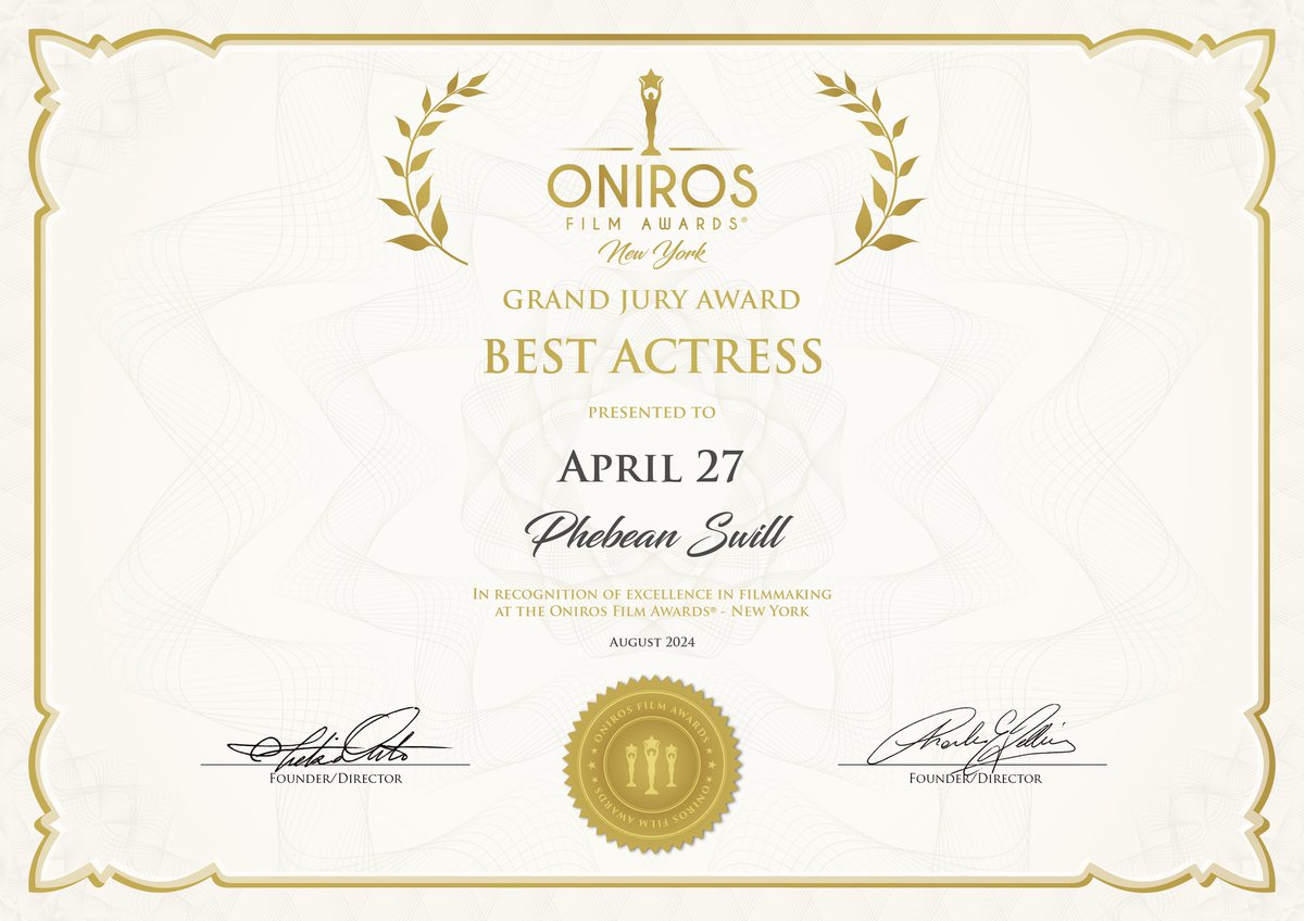 Let me just keep this special Grand Jury Award bestowed upon me by the ONIROS Fulm Awards in New York as Best Actress for my role in #april27movie by #wowstudios232

❤️