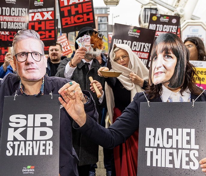 pplsassembly's tweet image. Sir Kid Starver &amp;amp; Rachel Thieves strike again:

👉 Winter fuel allowance cut.
👉 Two Child Benefit Limit maintained. 
👉 £2 bus fare limit scrapped. 
👉 WASPI compensation abandoned.
👉 PIP &amp;amp; universal credit cut. 

No More Austerity 2.0. Demo details: thepeoplesassembly.org.uk