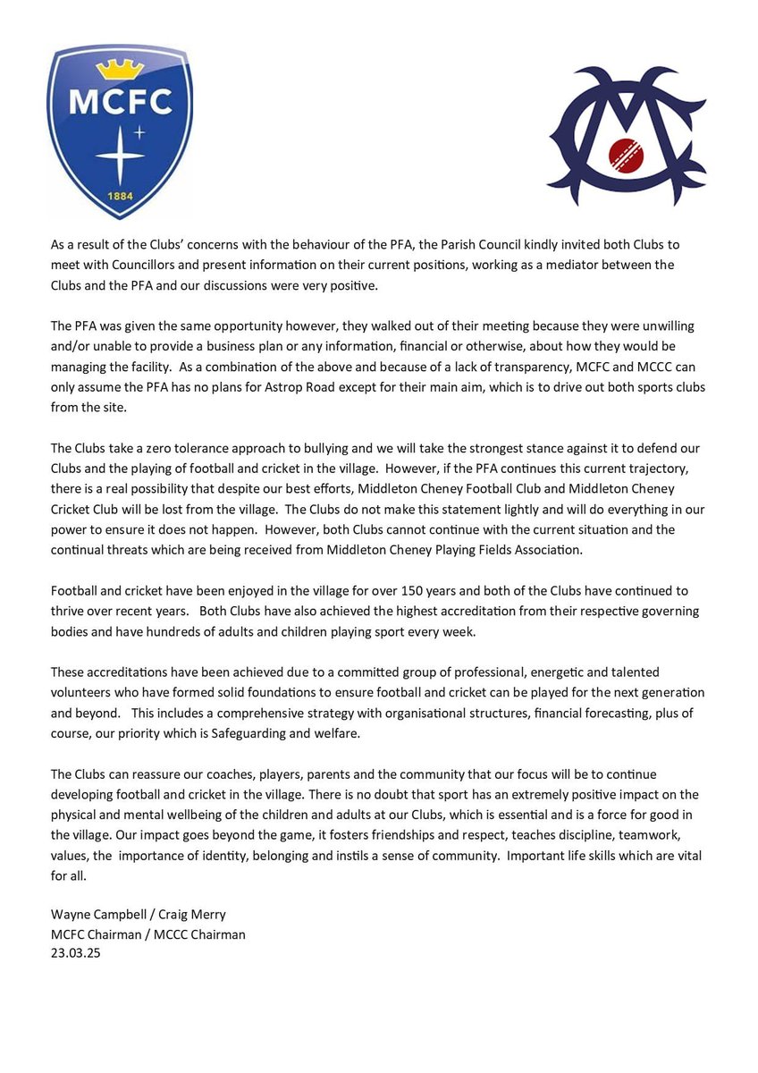 Please see below statement from both Middleton Cheney Football and Cricket Club regarding the current situation with Middleton Cheney Playing Fields Association (PFA), who manage our ground at Astrop Road #MCCC #MCFC