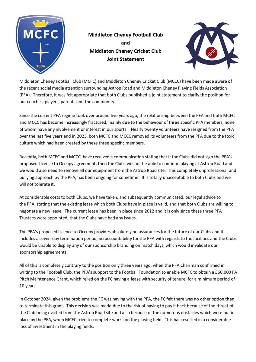middleton_cc's tweet image. Please see below statement from both Middleton Cheney Football and Cricket Club regarding the current situation with Middleton Cheney Playing Fields Association (PFA), who manage our ground at Astrop Road #MCCC #MCFC