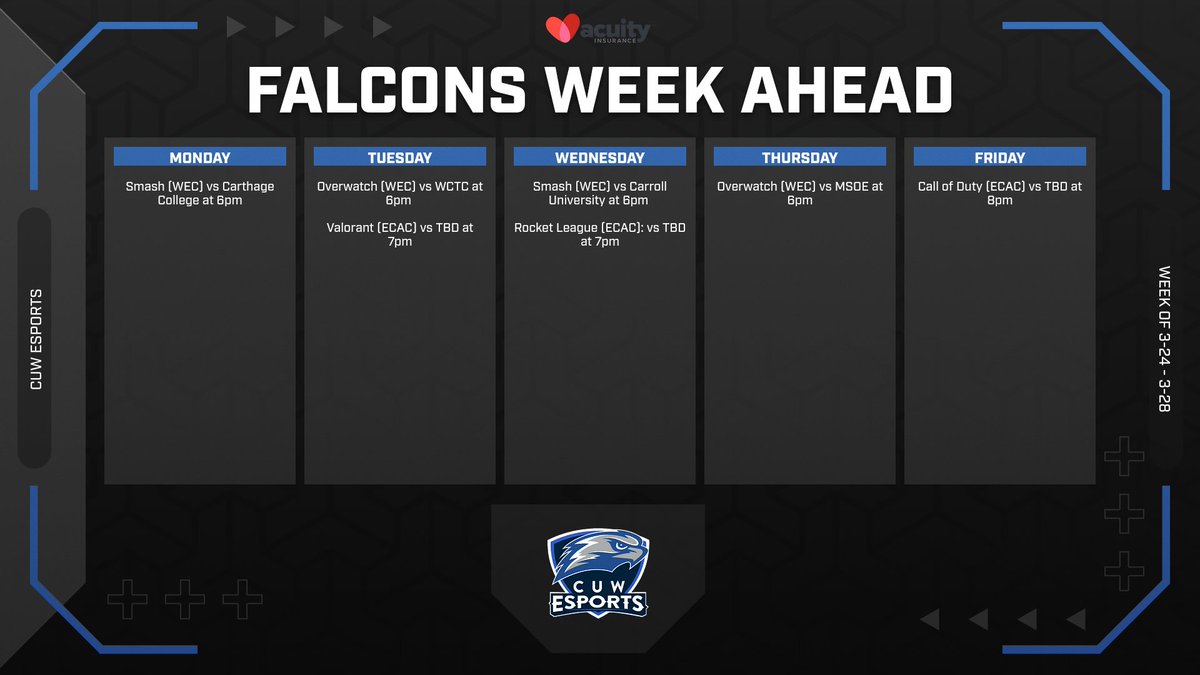 Spring competition continues for CUW Esports! Our Falcons are ready to soar this week. Valorant, Rocket League, and Call Of Duty start their playoff journeys as well! #CUW #CUWEsports #CUDUB