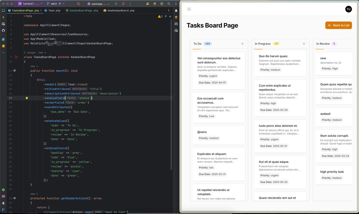 MinasyanManuk's tweet photo. 🚀 Building a slick drag-n-drop Kanban board with minimal code! PHP's fluent interface creates elegant solutions - easily configure columns, colors, and fields with beautiful chain syntax.

Coming soon!

 #Laravel #Filament #PHP #FlowForge https://t.co/u45nG6mvj8