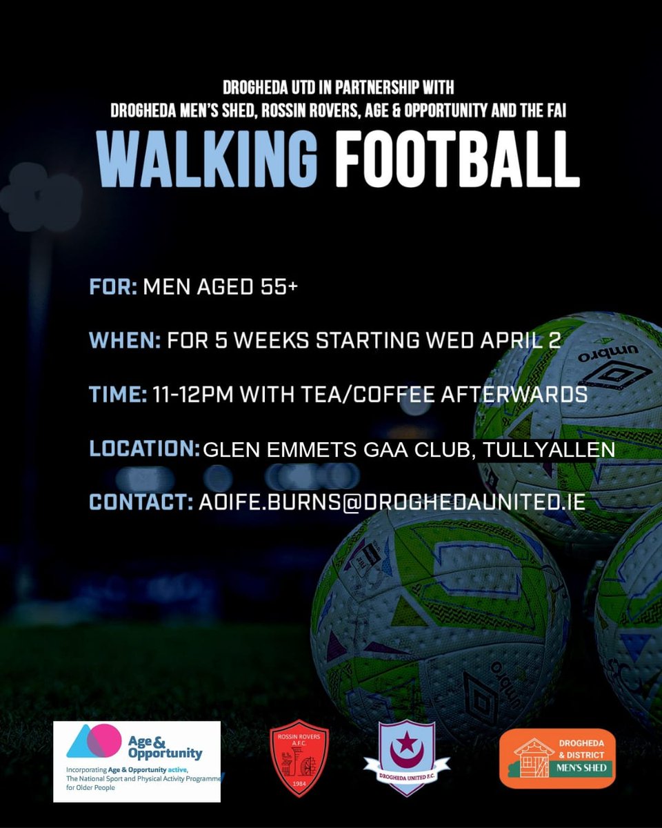 Drogheda United in partnership with Drogheda Men's Shed, Rossin Rovers, <a href="/Age_Opp/">Age & Opportunity 🌈</a> &amp; FAI, are launching a new 5 week walking football programme, for Men over 55, starting on Wed 2 April.

If interested contact our FSR officer Aoife or show up on the day! Eircode A92YO26! 🟣🔵
